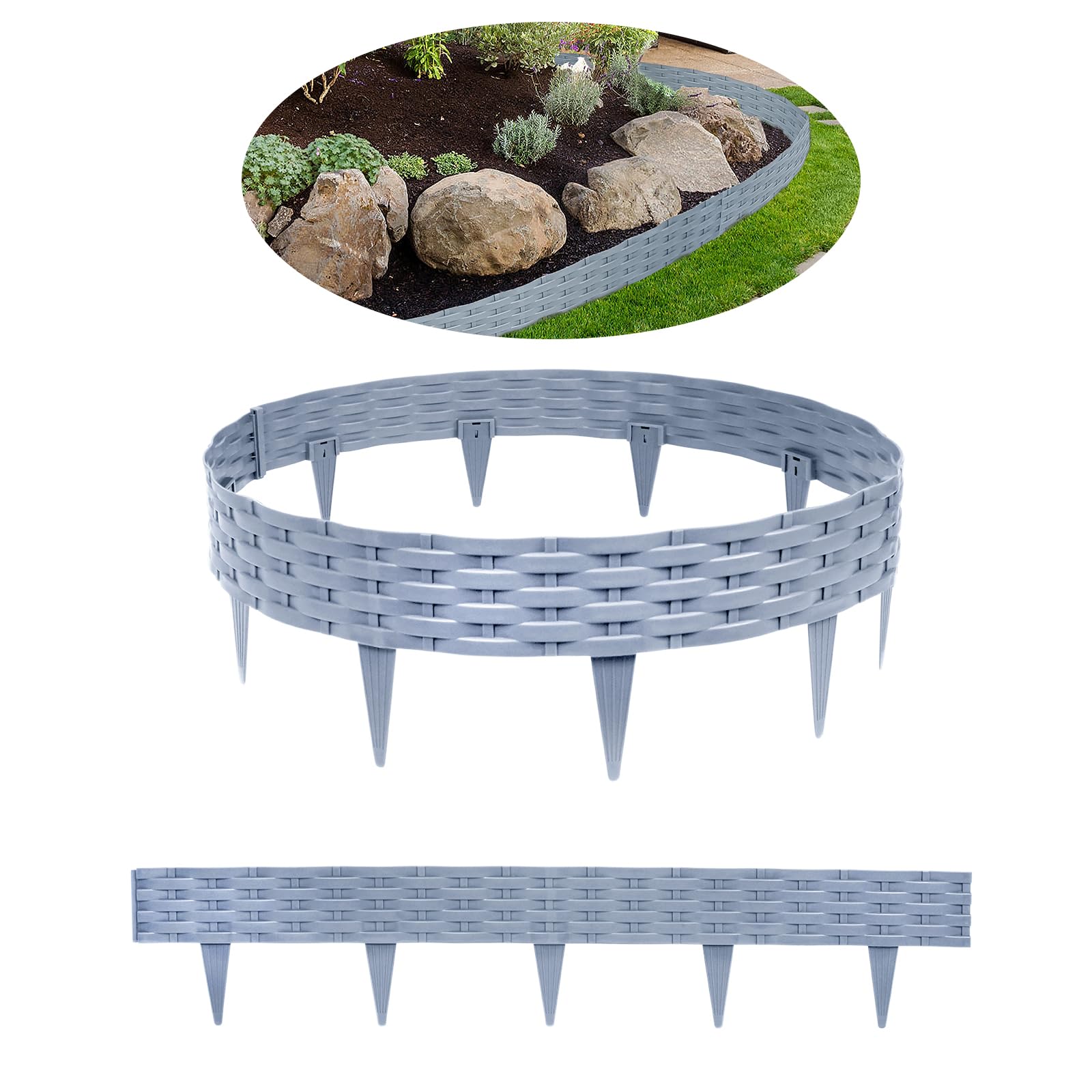 HENGMEI Rasenkanten Kunststoff Beetumrandungen 20m Beetumrandung Gartenpalisade Mähkante 20 stücke Rattan-Optik Randsteine Palisaden Gartenzaun, Grau