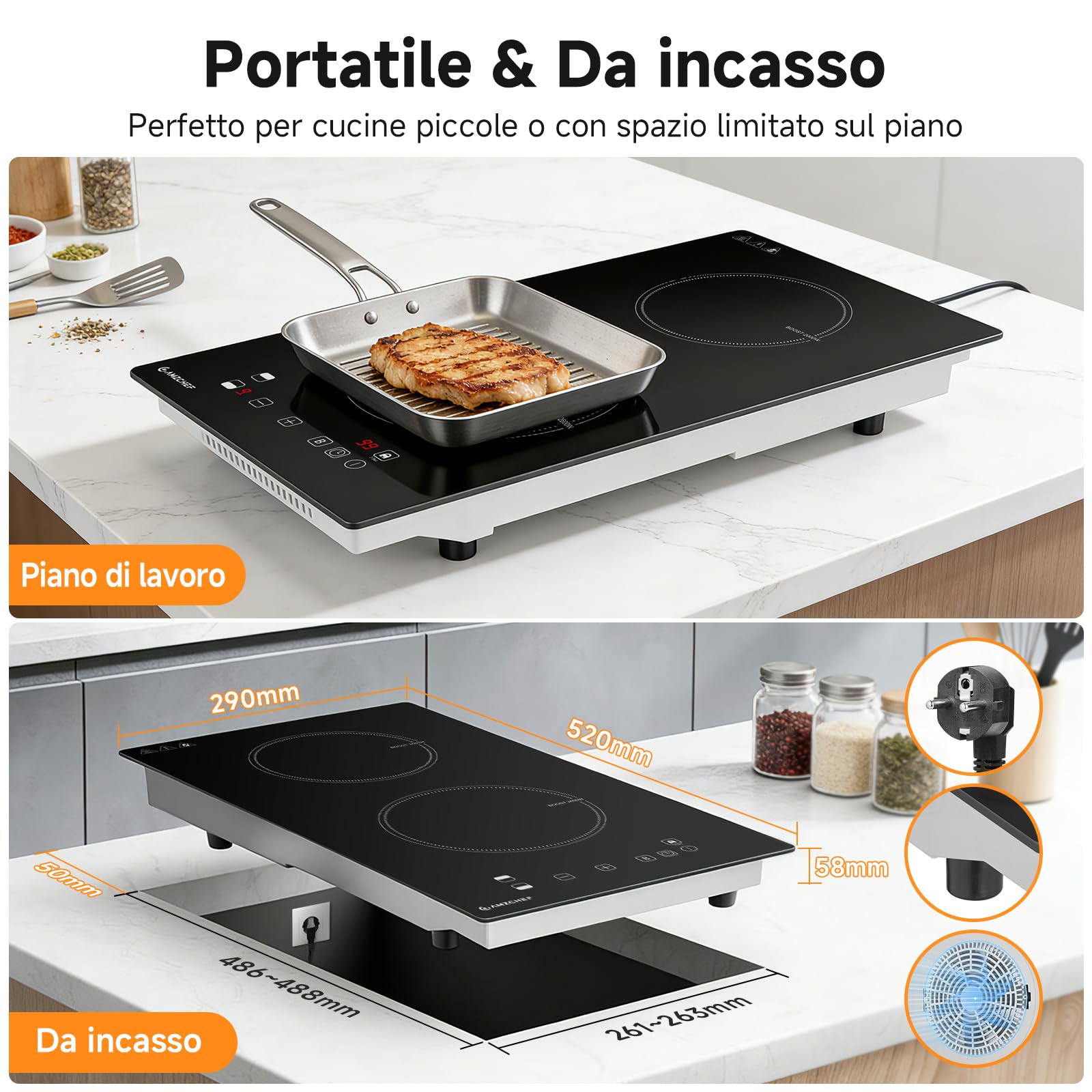 AMZCHEF piastra induzione 2 fuochi, con riscaldamento continuo, 10 livelli di potenza e funzione Boost, blocco di sicurezza e timer, protezione dal surriscaldamento, da incasso/portatile, 3700W
