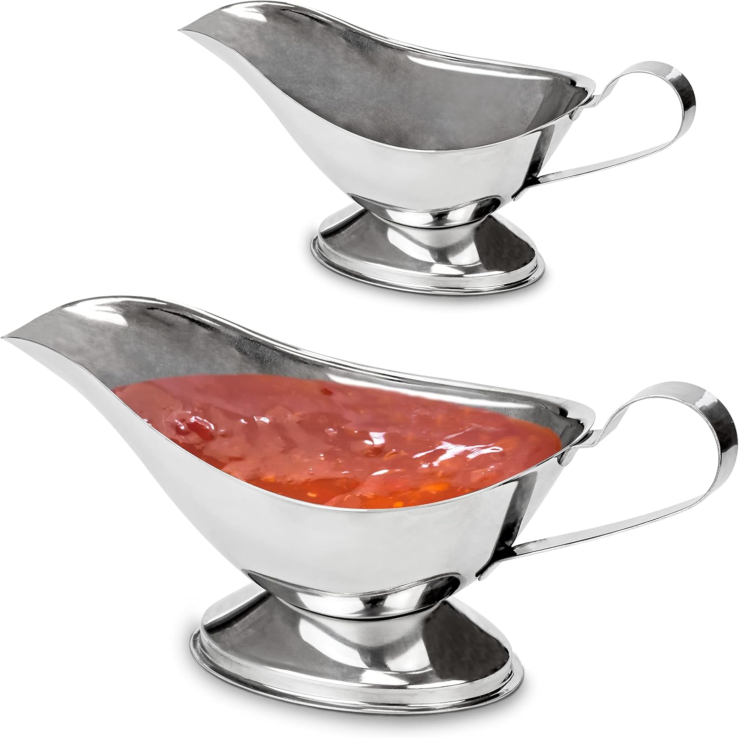 [2 Pack] Stainless Steel Gravy Boat - 16 Oz Elegant Gravy Server with Classic Lip and Metal Gardoon Base - Stylish Large Gravy Pourer for Thick Sauces, Salad Dressings - For Home, Cafe, Restaurant Use