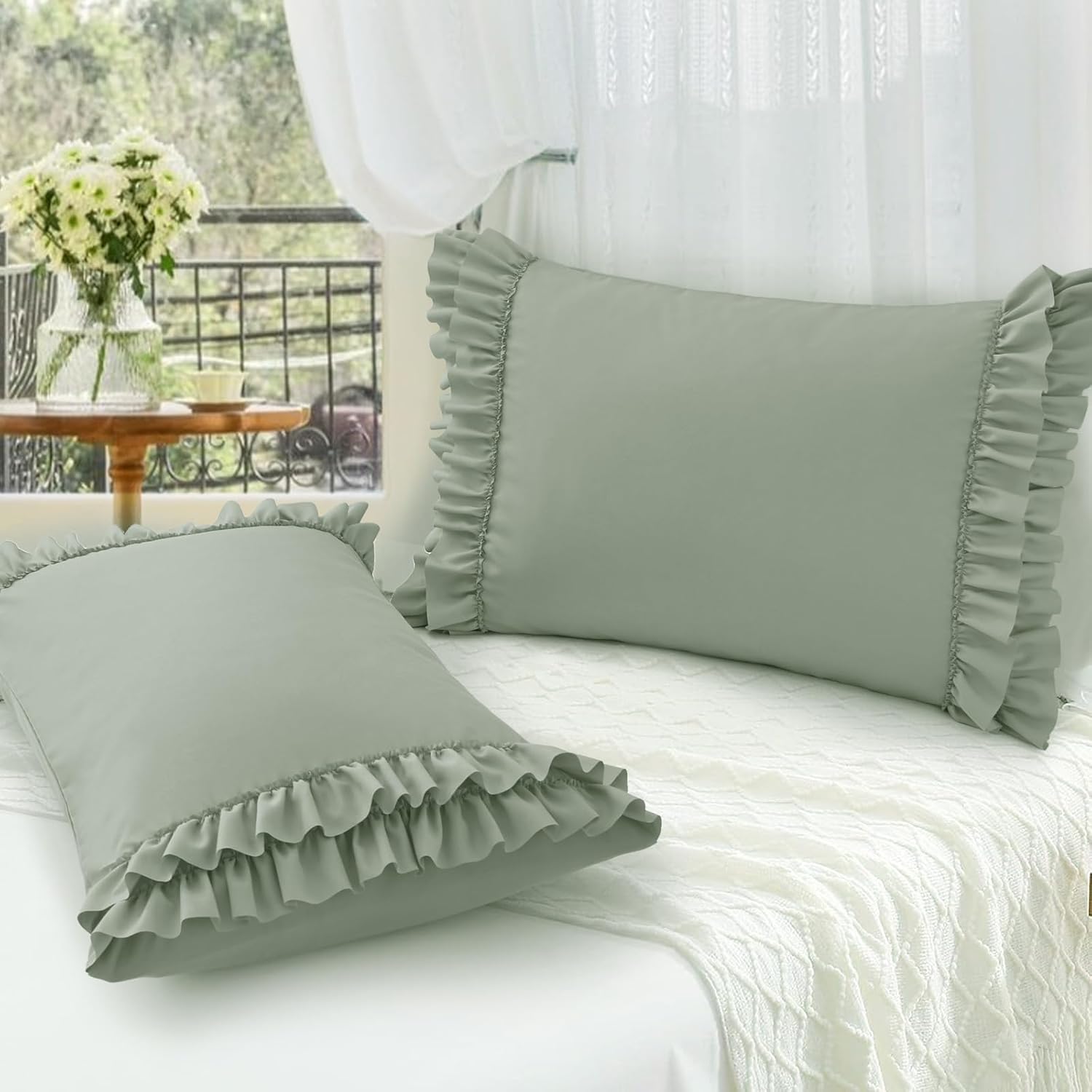 RUDONG M Ruffled Pillow Cases Set of 2, King, 20x36 Inches, Sage Green