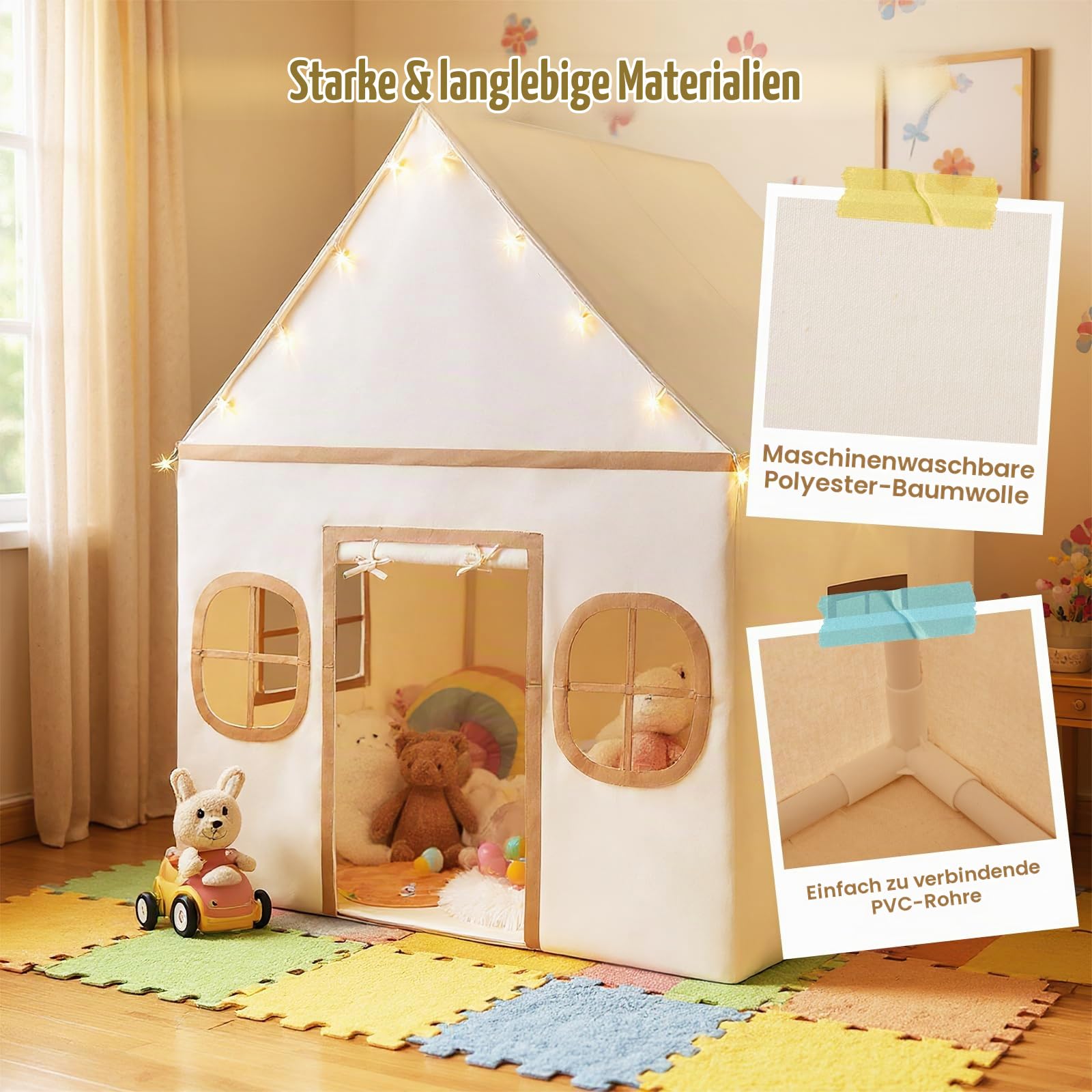 HOMASIS Kinderzelt Indoor, Kinder Spielhaus aus Baumwolle, Spielzelt mit Sternenlichtern & gepolsterter Matte & 4 Fenstern & Vorhang, Prinzessin Zelt für Jungen & Mädchen ab 3 Jahren (Beige+Schwarz)