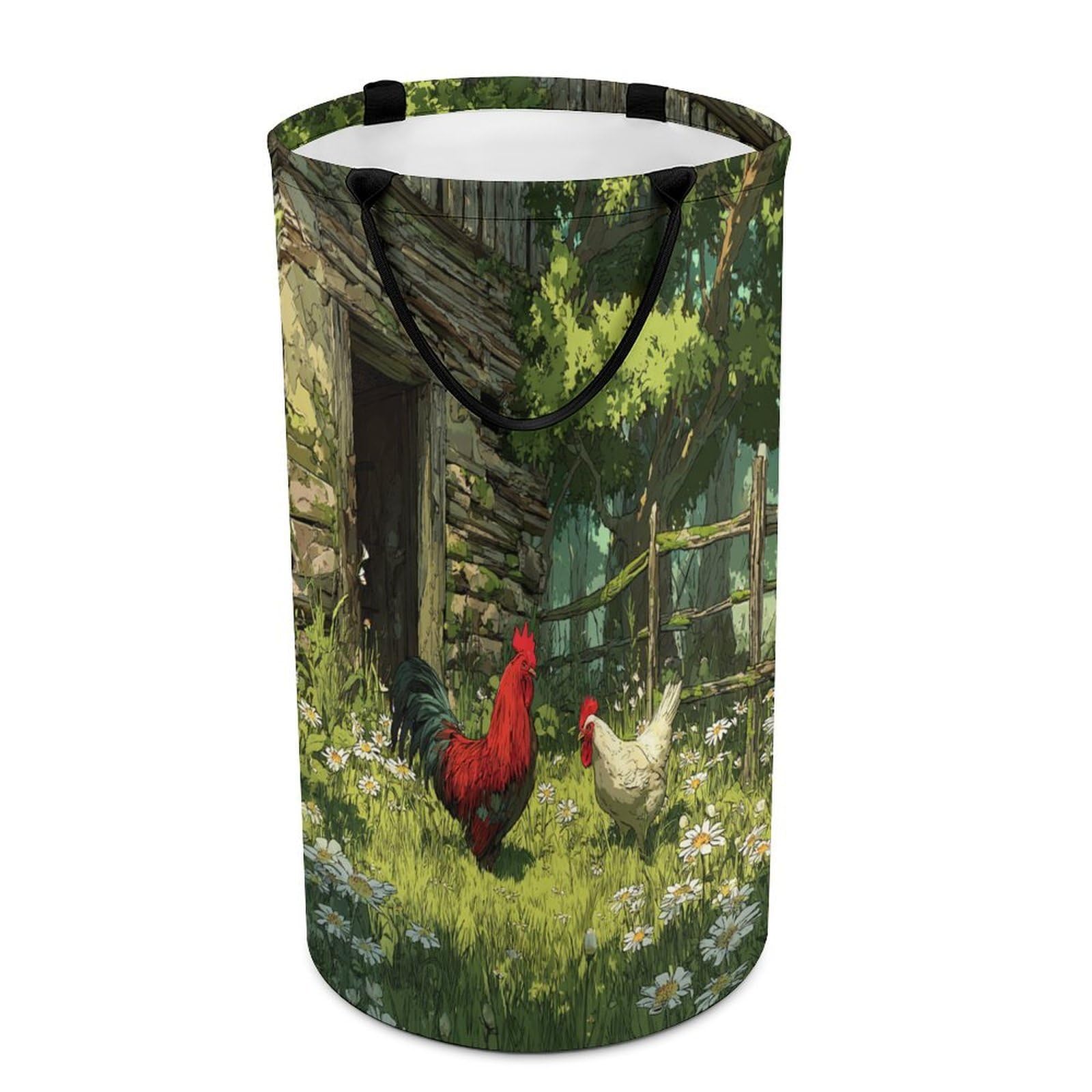 LUYYSKY Colorful Realistic Chicken Rooster Versatile Storage Laundry Basket, Beautiful Rustic Farmhouse Log Cabin Farm Animals Flowers Large Capacity Bathroom Hamper With Handle