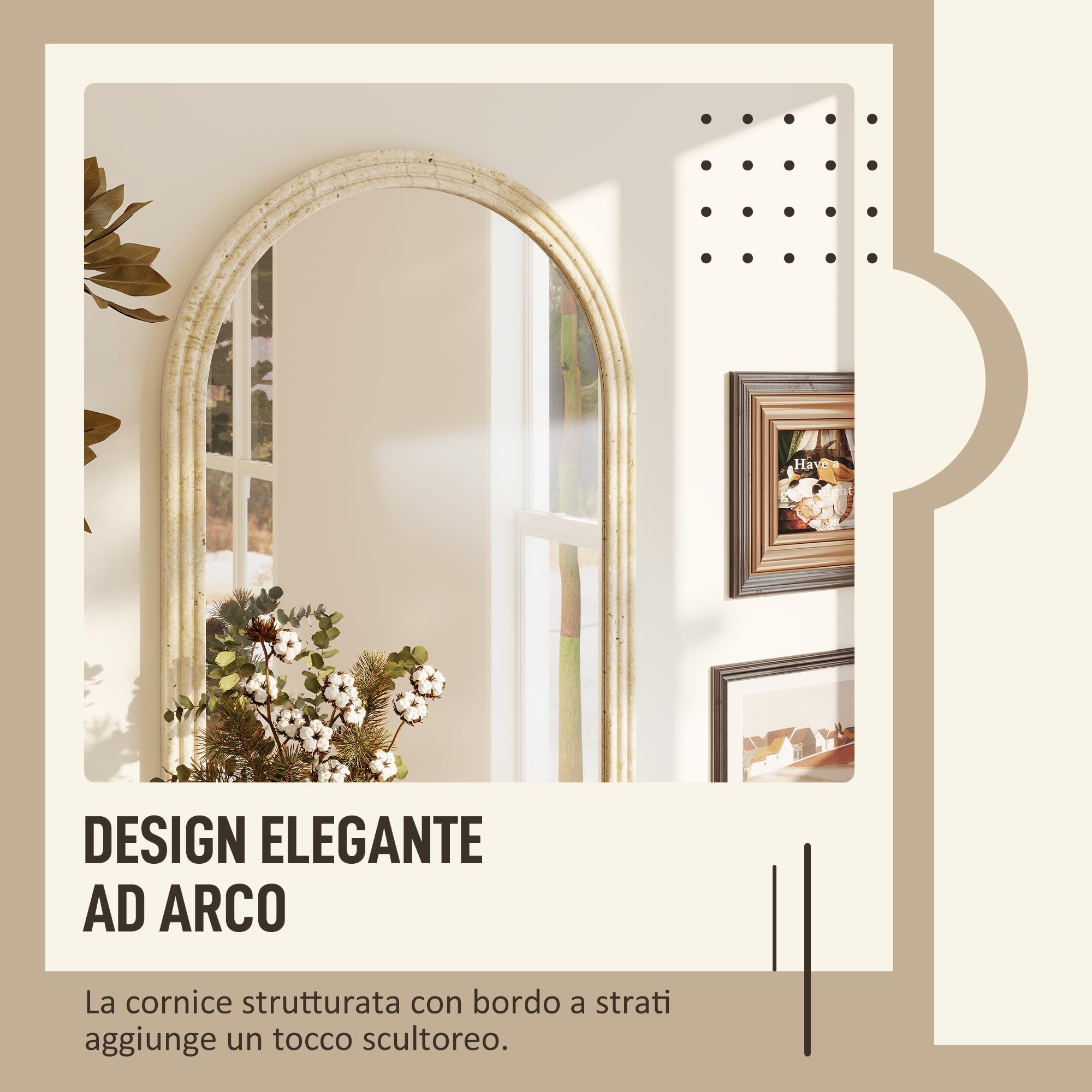 HOMCOM Specchio Design ad Arco con Bordo Scanalato e Ganci, Specchio a Muro in Vetro e Polistirene, 60x2x90 cm, Beige