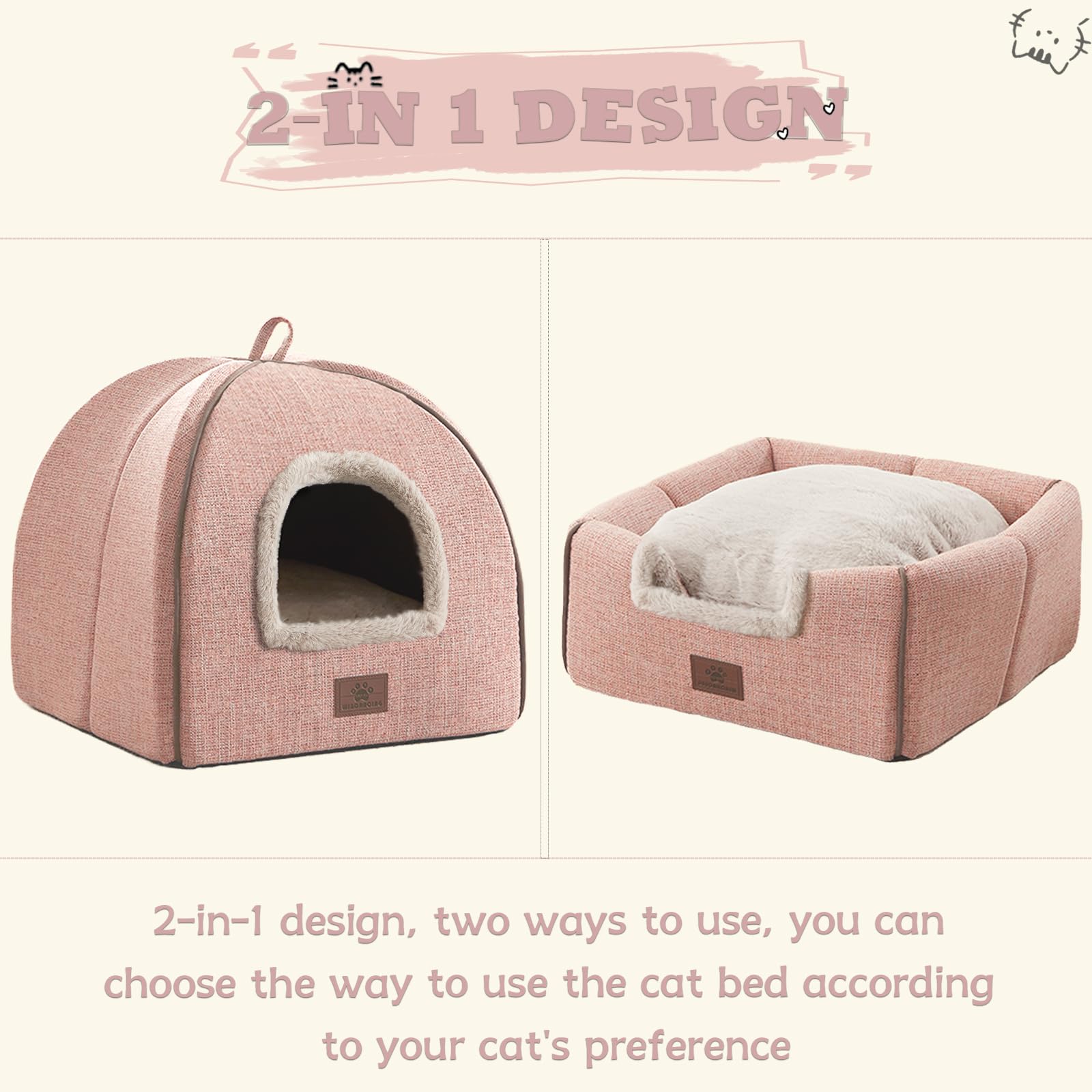 Cuccia per gatti da interni, cuccia per gatti, con cuscino imbottito rimovibile e lavabile, morbida e autonoma, colore rosa, L (44 x 43 x 44 cm)