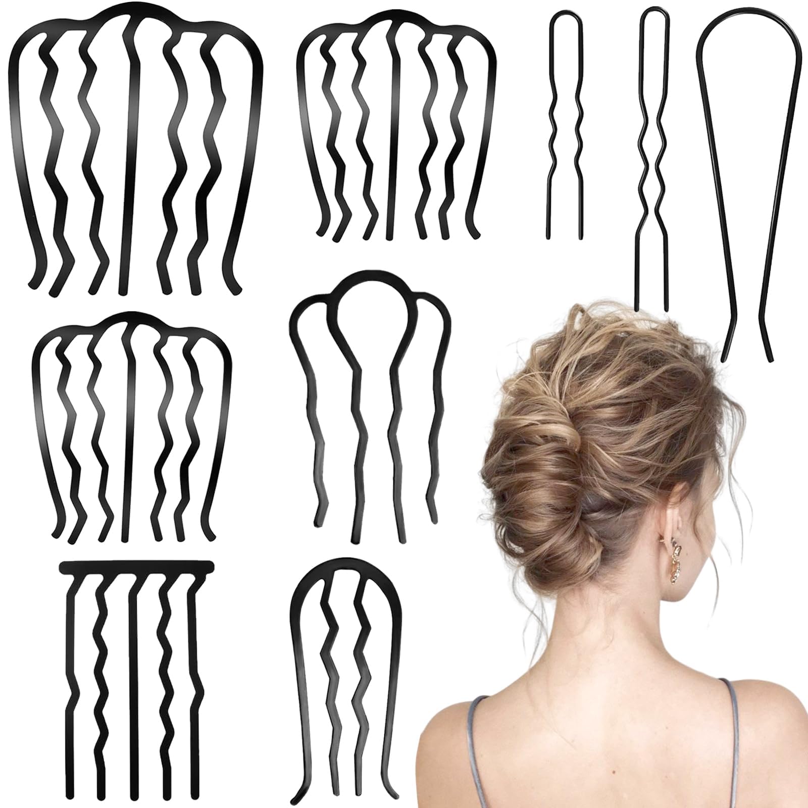 9 Pieces Hair Side Combs, Metal Hair Fork Clip French Twist Comb for Updo Bun, Teeth Hair Pins U-Shape Hair Sticks for Women Hair Styling Tool