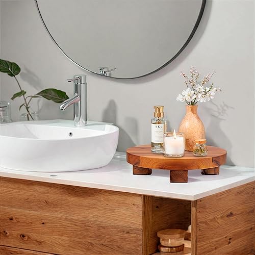 Miniatura 5 de Demigo Elevador redondo de madera de acacia de 9.5 pulgadas, soporte de exhibición con pedestal con pies para plantas, velas, jabón, decoración de