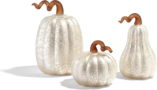 Miniatura 2 de LampLust Calabaza de cristal blanco con luces, juego de 3, estilo de cristal de mercurio, pilas incluidas, decoraciones de cosecha de Acción de