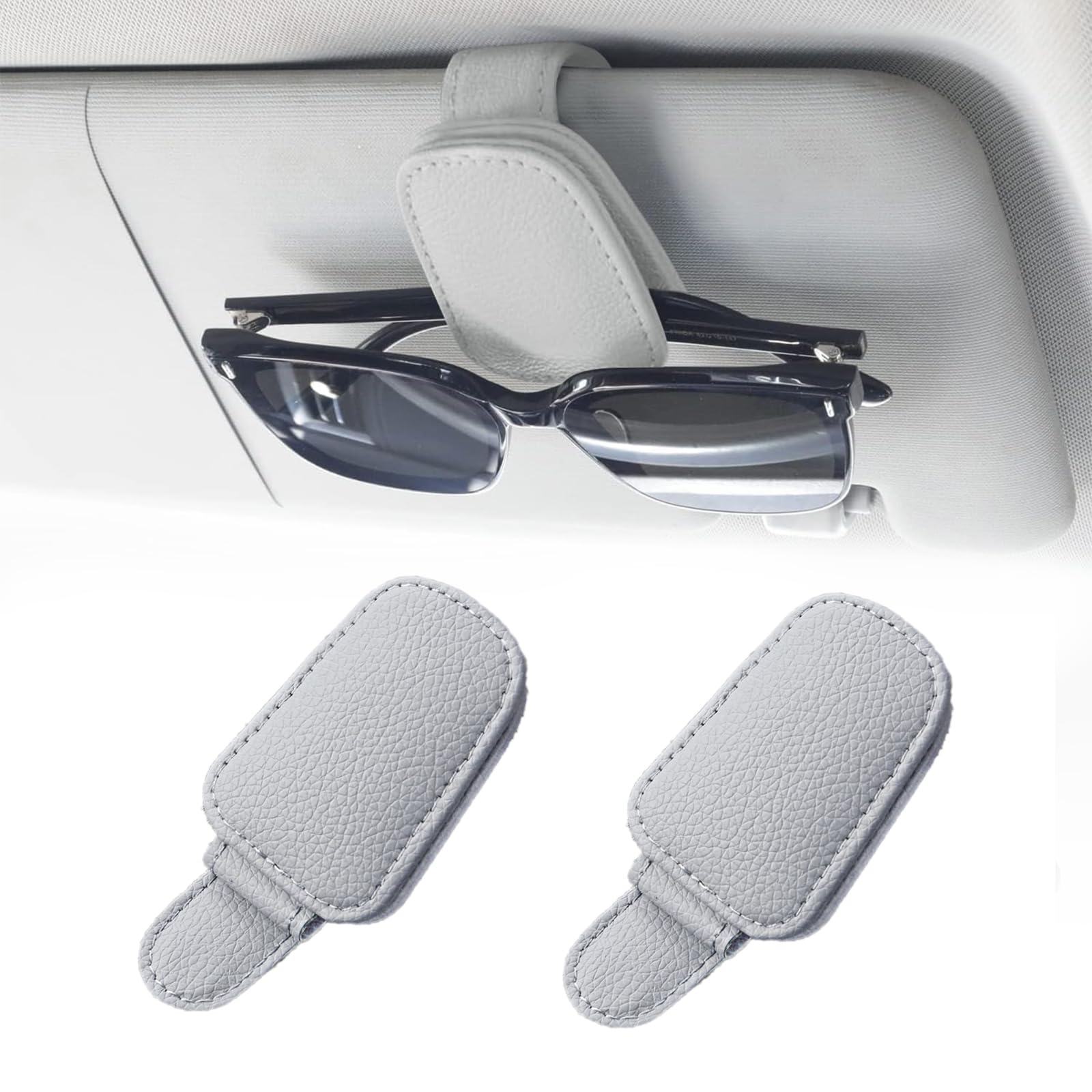 Porte-Lunettes Magnétique Pour Voiture - 2 Pièces En Cuir PU Gris - Support Pour Pare-Soleil, Range Lunettes, Cartes, Tickets