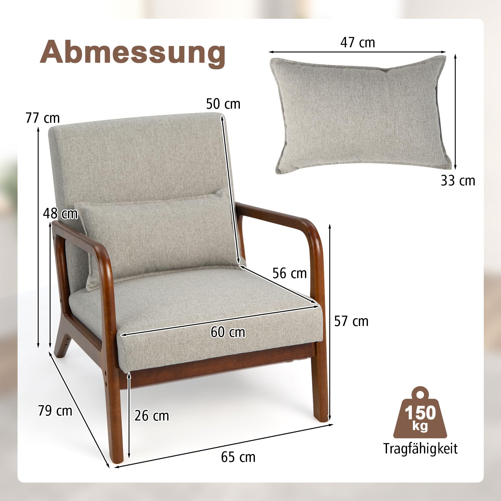 RELAX4LIFE Loungesessel Gepolstert, Akzentstuhl mit Massivholzrahmen, Relaxsessel mit Kissen Rückenlehne Armlehnen, bis 200 kg belastbar, Polstersessel für Wohnzimmer Schlafzimmer Büro (Grau)