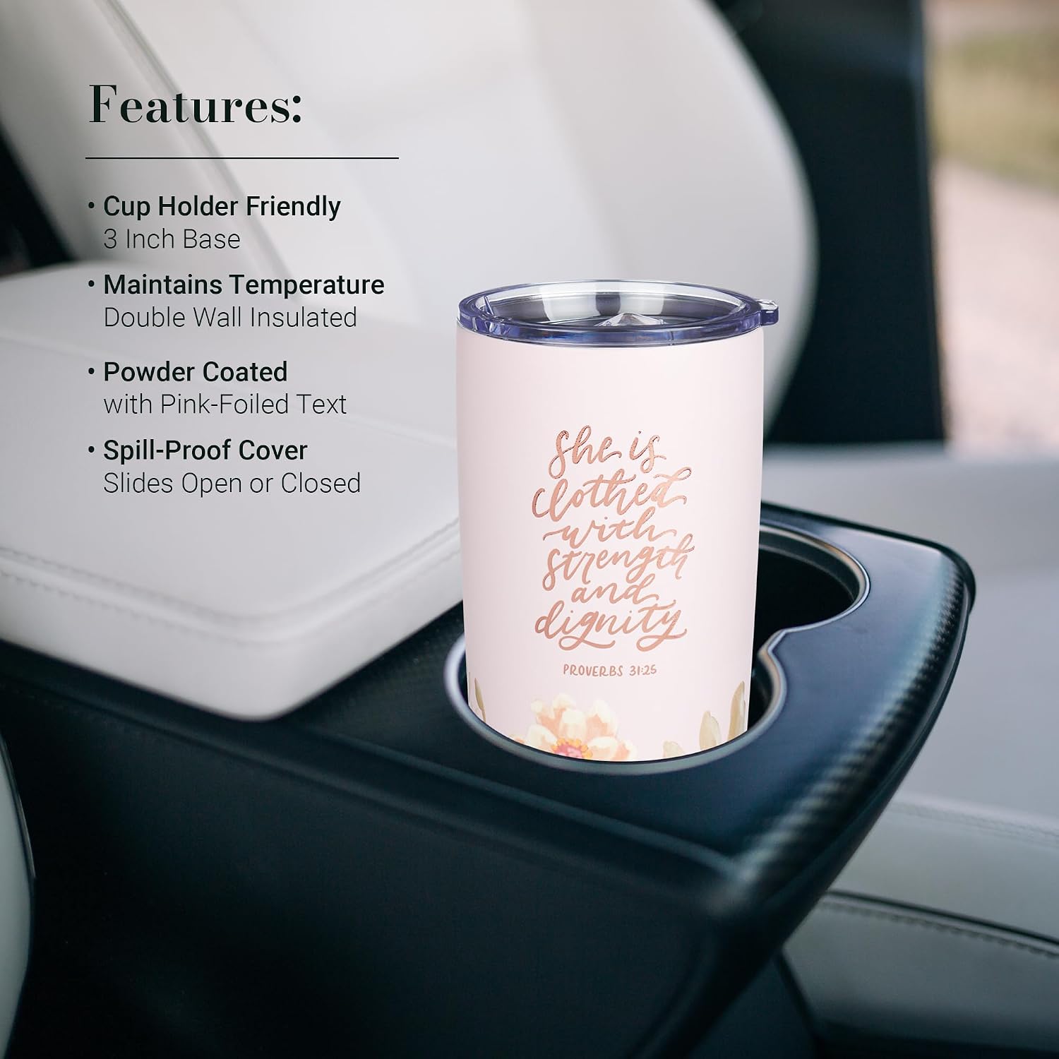 Christian Art Gifts Large Stainless Steel Inspirational Travel Mug Tumbler for Women: Strength & Dignity Scripture, Sturdy Vacuum Insulated, Hot/Cold, Retractable Lid, Pink Multicolor Floral, 18 oz.