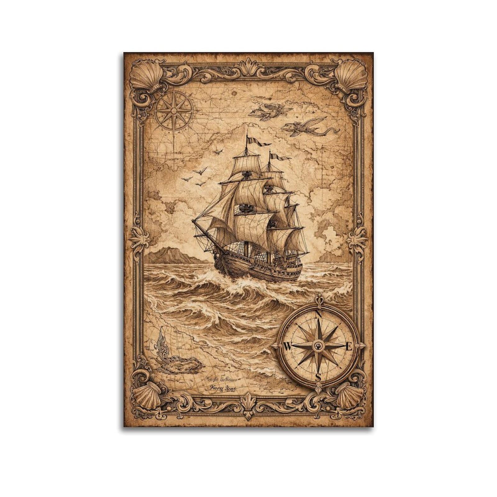OKAHYS Vintage Nautical Compass Poster Decorative Painting Canvas Wall Artworks Picture 24x36inch(60x90cm)