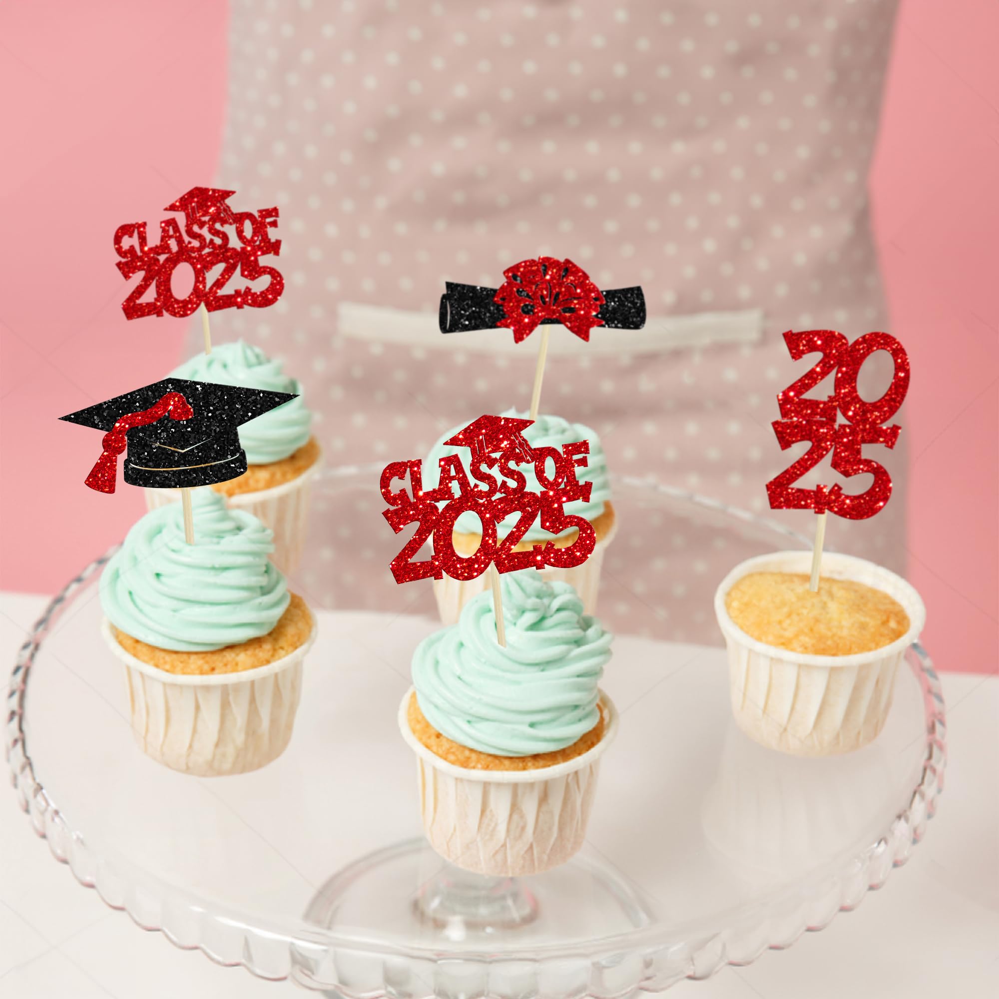 Ephlyn 36Pcs 2025 Graduation Theme Cupcake Toppers Glitter Class of 2025 Congrats Grad Diploma Graduation Cap Cupcake Picks for 2025 Graduation Theme Party Cake Decorations Supplies Red - Image 4