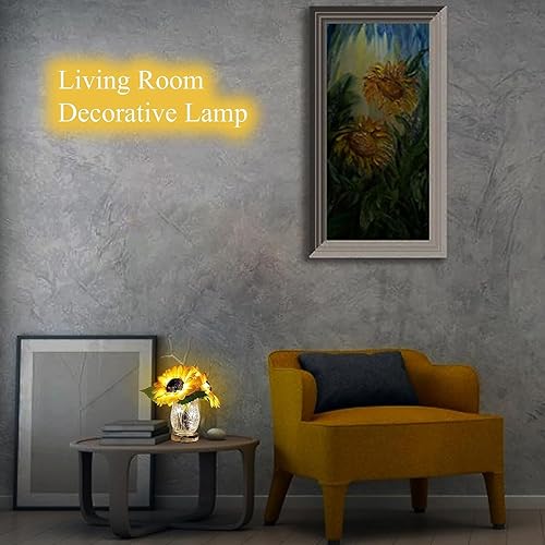 Miniatura 5 de Lámpara de mesa de girasol, plantas artificiales LED con florero de cristal, luz nocturna recargable por USB, lámpara de escritorio regulable sin