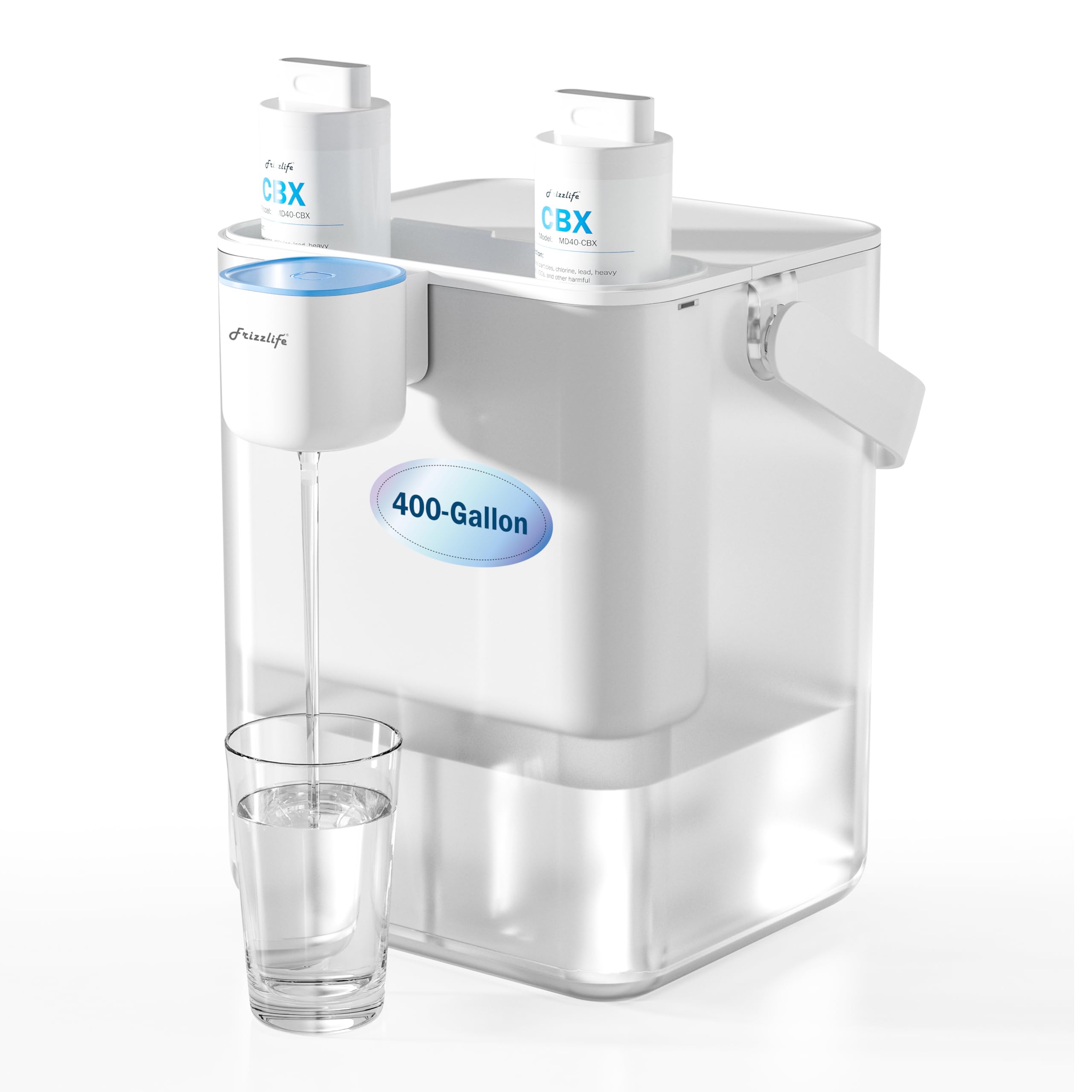Frizzlife 400-Gallon Electric Water Filter Dispenser with 2 Filters (8-Stage Filtration), NSF/ANSI 53&42&372 Standards Reduce 99.89% of Lead,6 Months Countertop Rechargeable Water Pitcher, MD40 System