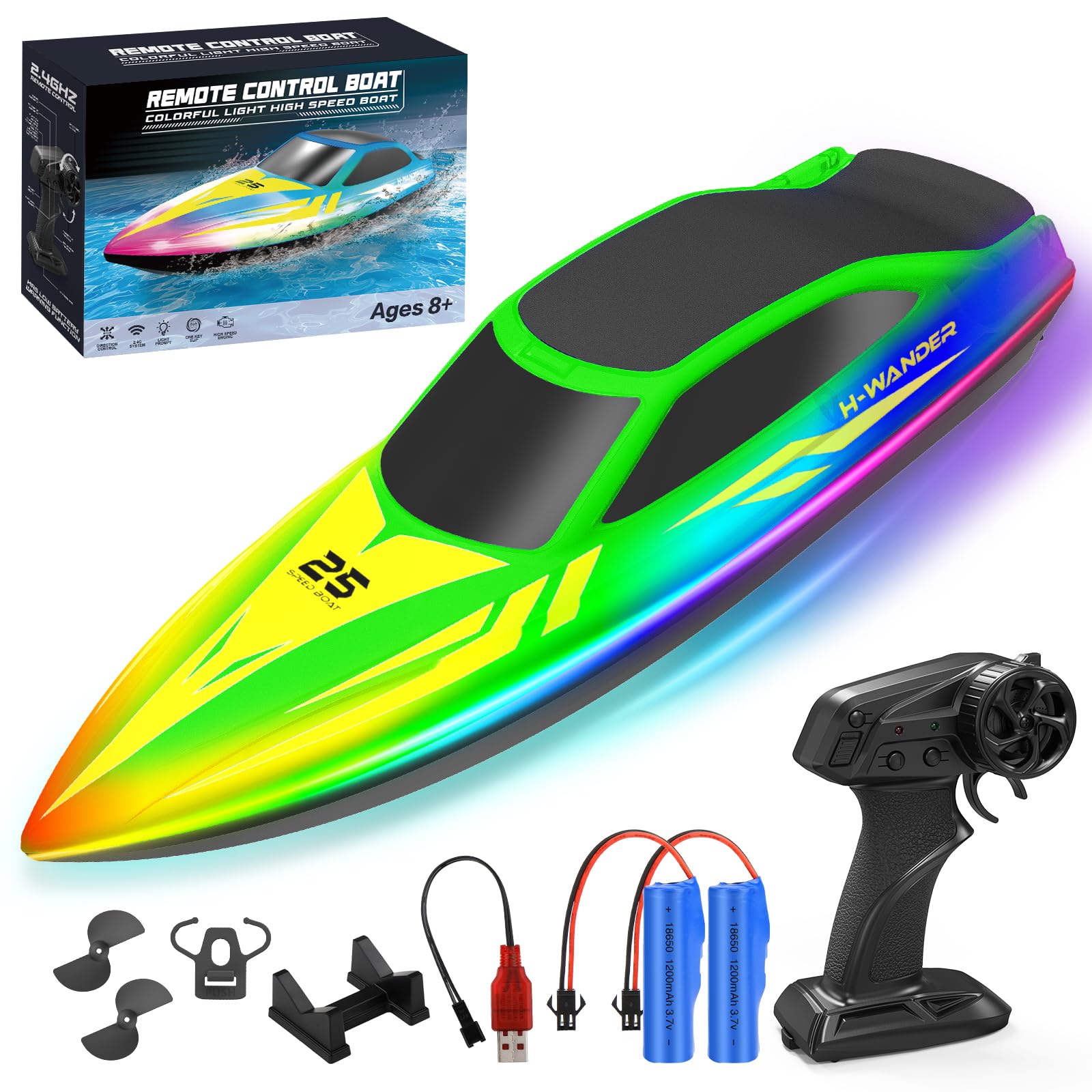 WUQNGI Barco Teledirigido Profesional con Luces LED de 7 Modos, Lancha Teledirigida de Alta Velocidad para Niños y Adultos, Barco RC para Piscina y Lago, 2 Baterías 120 Min, 2.4GHz, Autoadrizable - 2