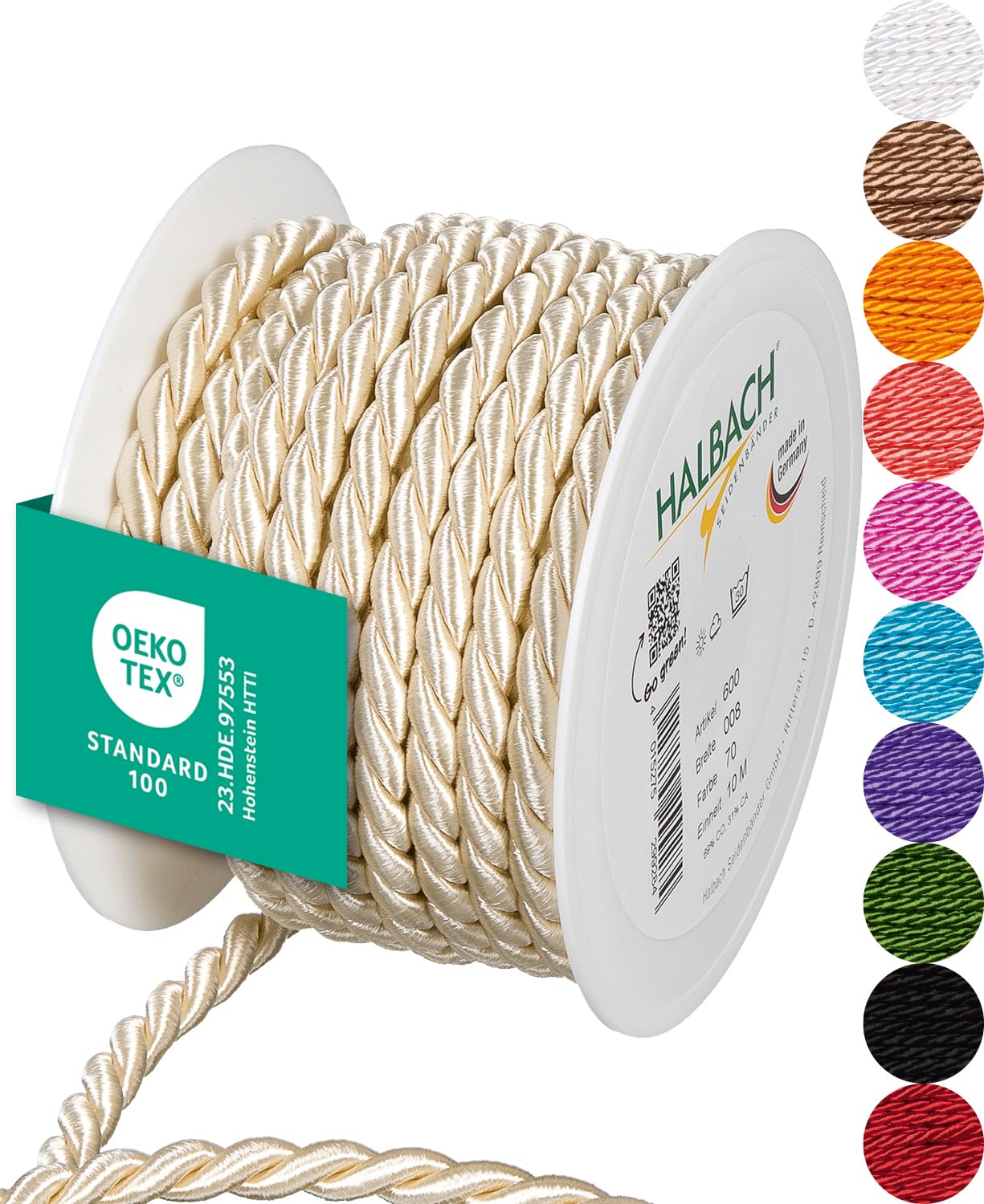 Halbach Seidenbänder Premium Cord (Cream), Width 8 mm, Length 10 m, Made in Germany and Oeko-Tex Certified
