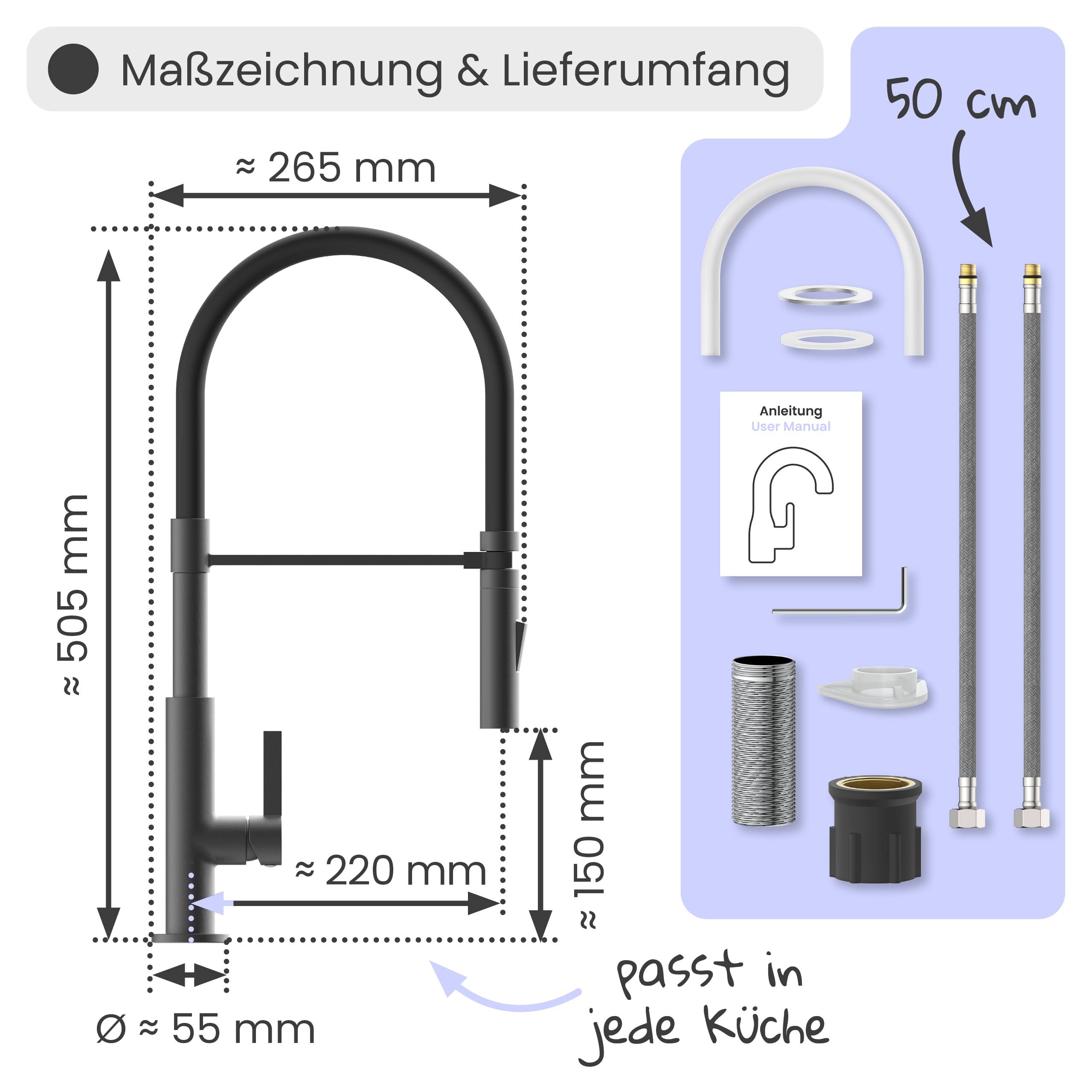 instmaier Nova | Küchenarmatur mit flexibler Geschirrbrause | Graphit matt | Wasserhahn Küche 360° schwenkbar | Spültischarmatur mit 2 Strahlarten | Mischbatterie