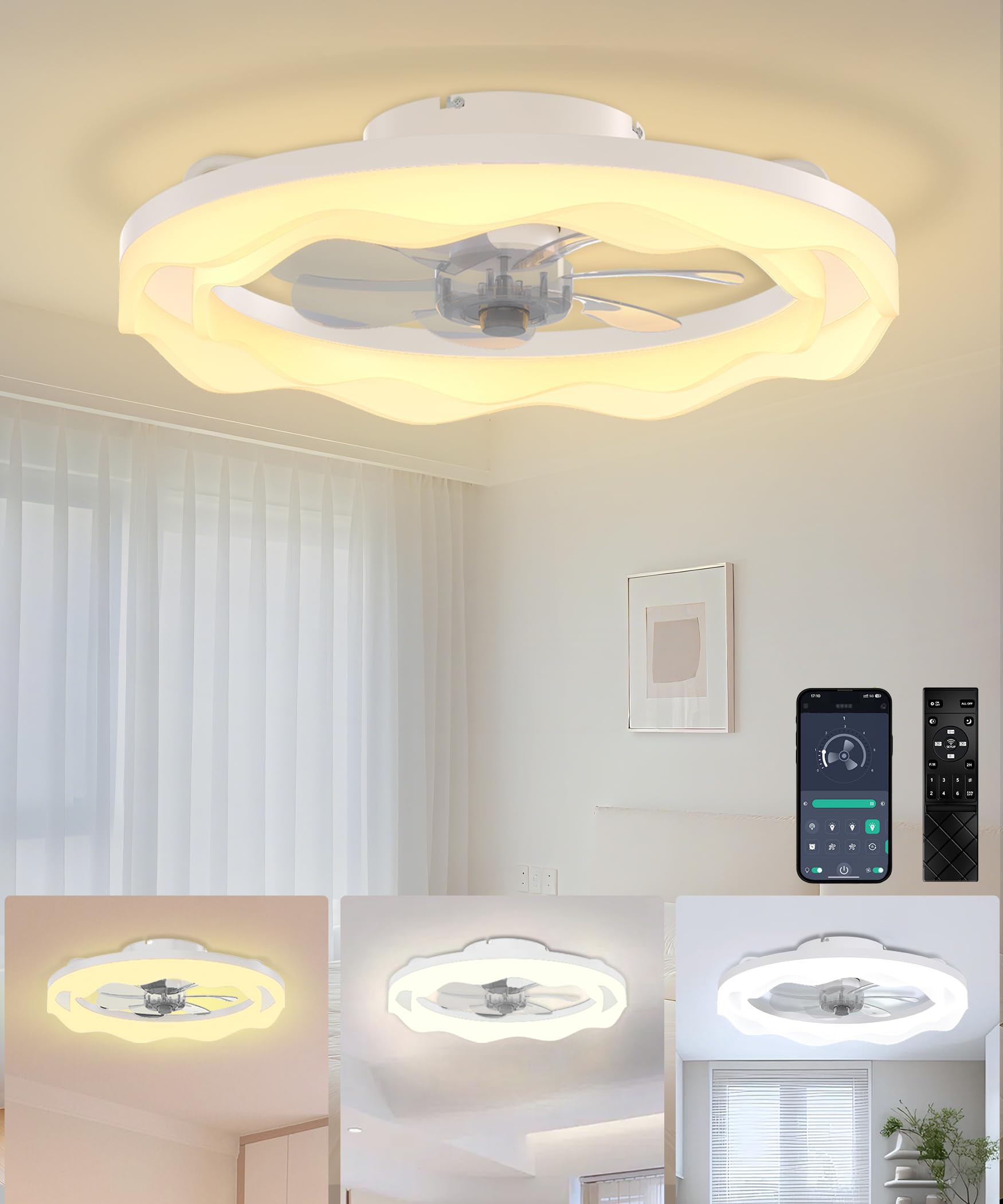 JAYNLT Ceiling Fans with Lights and Remote, 20" Black Low Profile Dimmable LED Fan 3000K-6500K, APP Remote Control 6 Wind Speeds Fandelier Flush Mount Modern Ceiling Fans for BedroomοΌVoltage100β240VοΌ