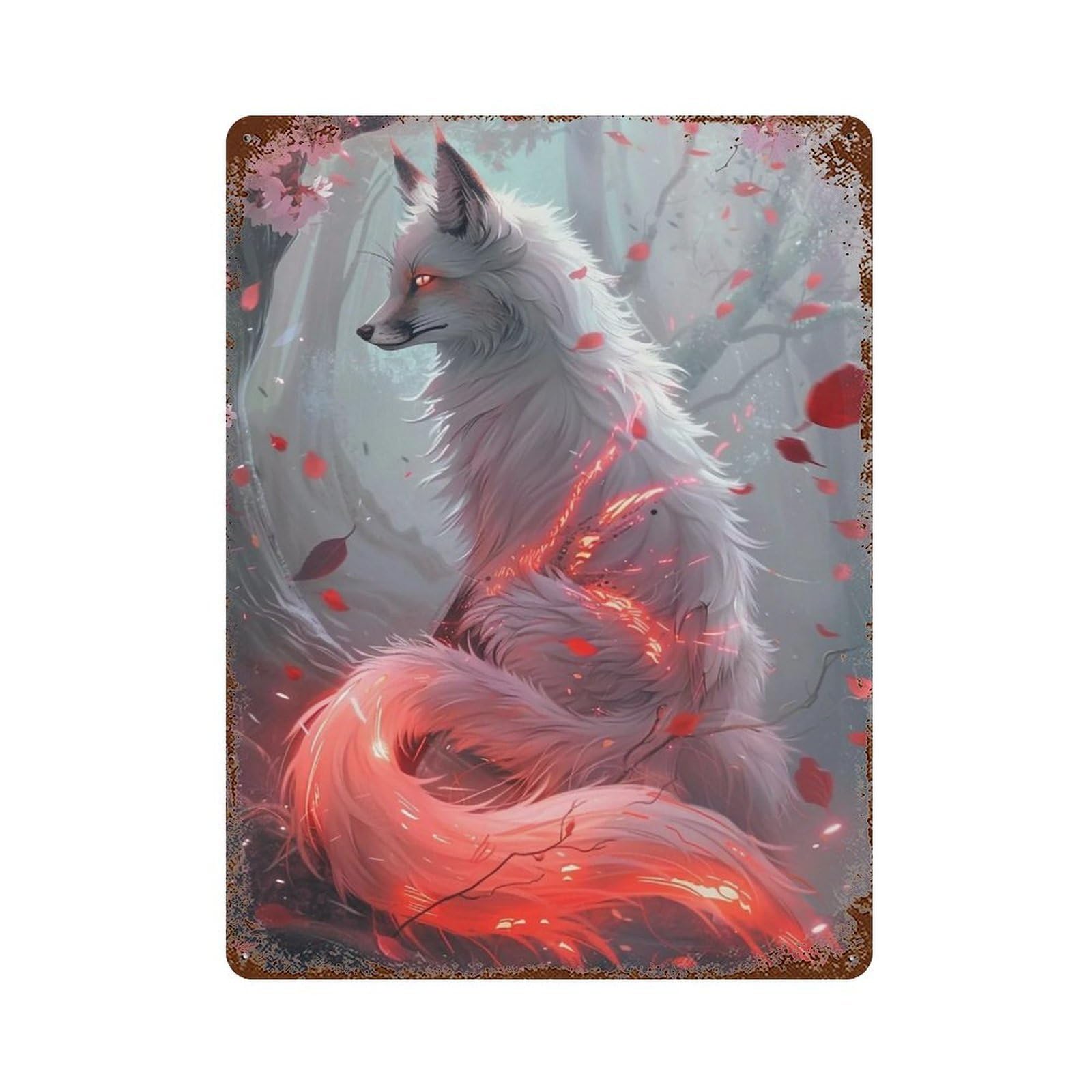 HDURYEYRYY Oriental Fantasy Glowing Red Stream White Nine Tailed Fox 03 Wall Retro Iron Vintage Art Metal Tin Sign Poster Modern Home Cofffee Club Art Bar Shop Decor Style 40x30cm