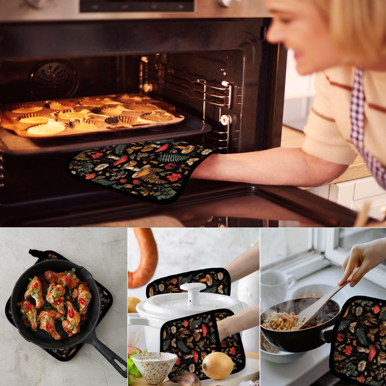FREEBLOSS 2 presine con motivo a funghi per la cucina, in cotone, resistenti al calore, per cucinare e cuocere 7,8 x 9,5 cm