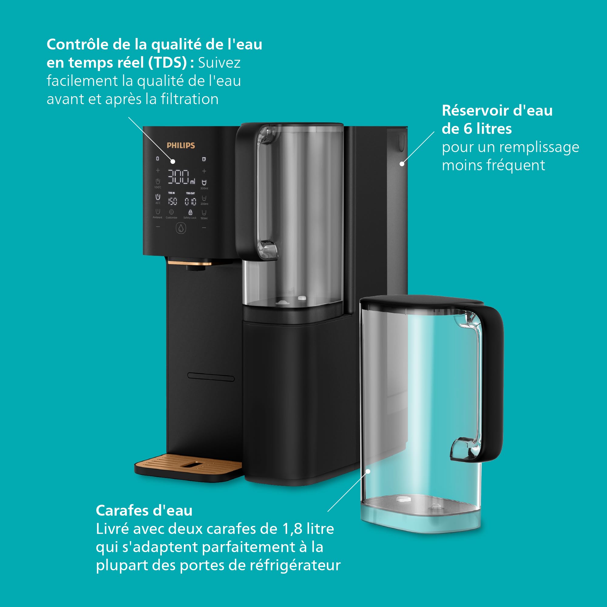 Philips Distributeur d’eau à osmose inverse 7000: Eau chaude/froide filtrée en secondes, minéraux préservés, filtration RO 6-en-1, >110 contaminants réduits, ratio 3:1, UV-C, sans installation, 2000 L
