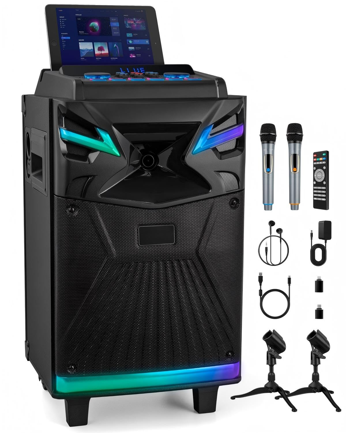 Karaoke Maschine mit 2 Mikrofone Bluetooth Partybox Lautsprecher 600W 10'' Subwoofer PA Anlage LED Lichteffekte
