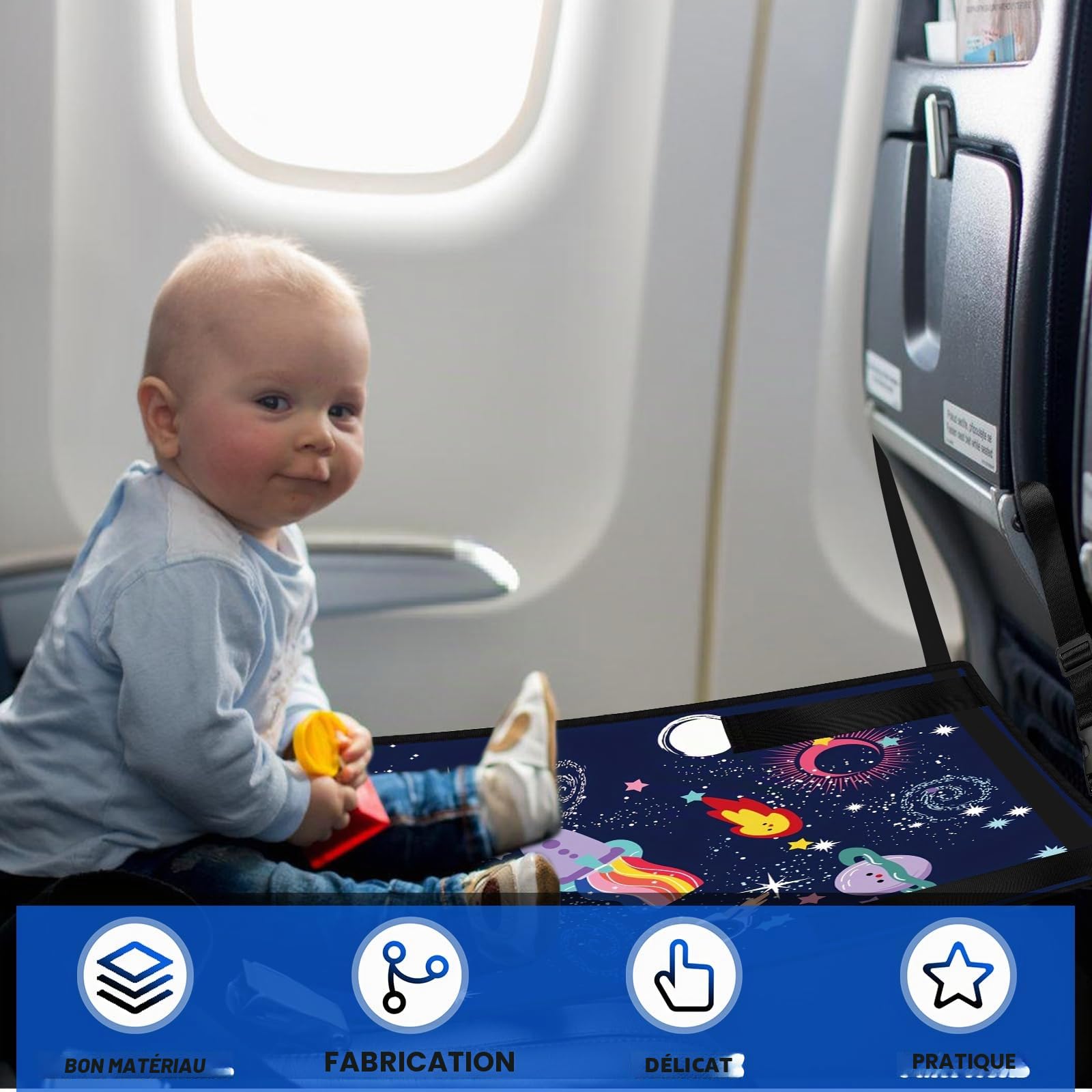 Extension de siège d'avion pour enfant - 77 x 44 cm - Rallonge de siège portable en avion pour enfant - Lit d'avion pour enfants - Ciel étoilé - Bleu