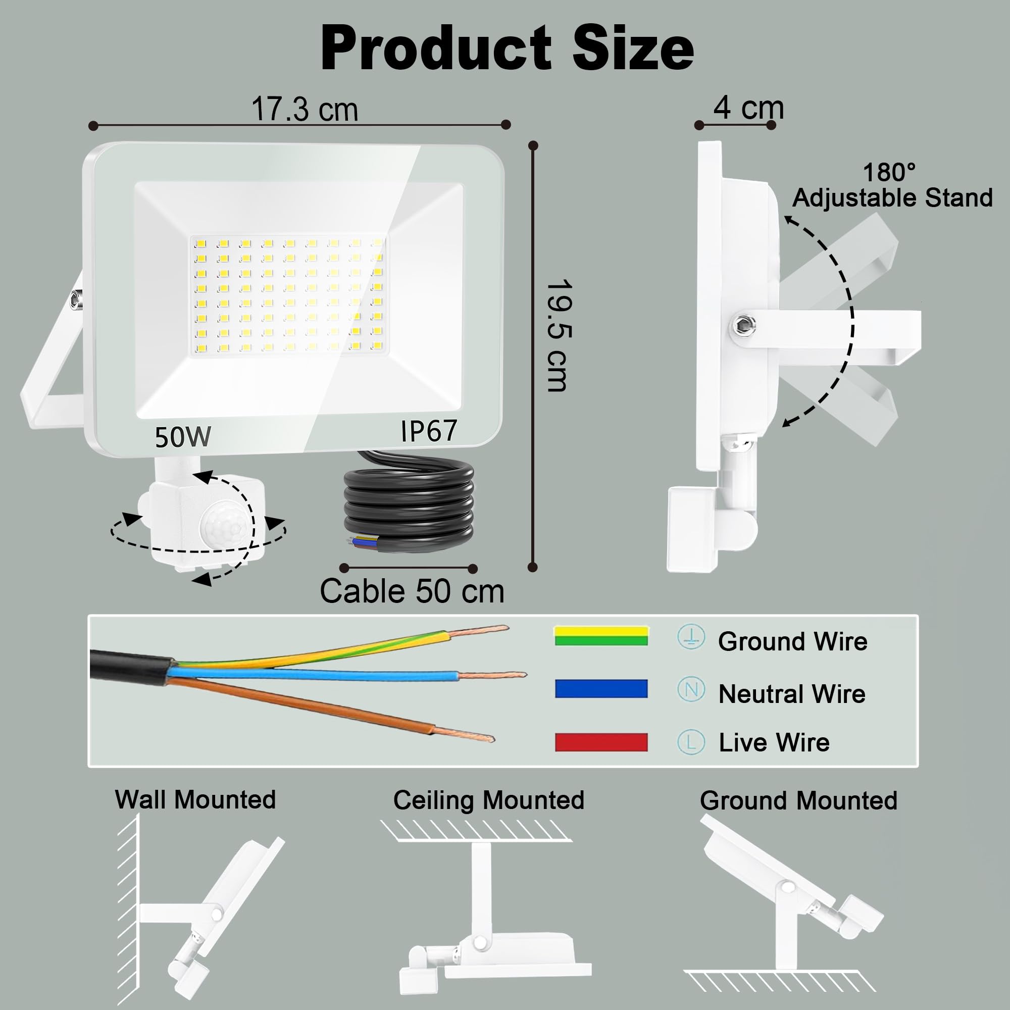 50W Faretto LED da Esterno con Sensore di Movimento, 2 Pezzi 5000LM Faretto Led da Esterno 6500K Bianca Fredda, IP67 Impermeabile Faro LED Esterno con Sensore Movimento per Giardino, Garage, Cortile