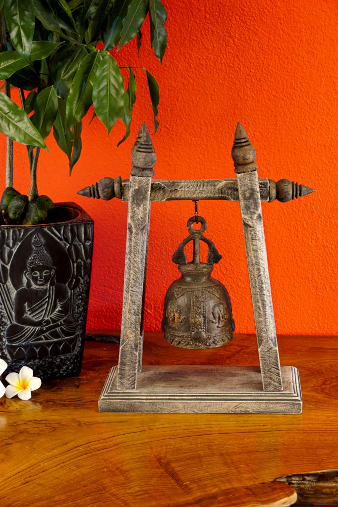 Cloche temple avec trépied - Cloche en bronze - Bois massif - Décoration thaïlandaise - Trépied de 30 cm