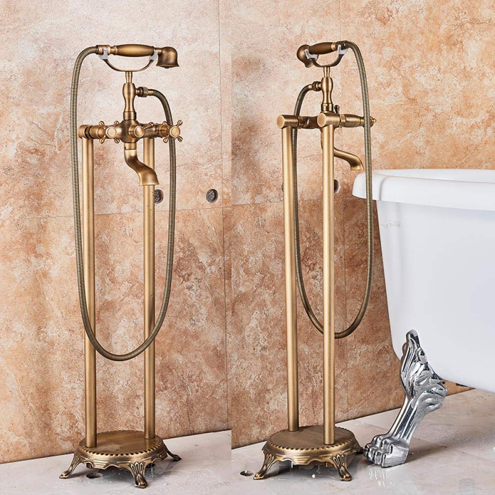 WieocAntique Brass Bathtub Shower Faucet Set Brass Hand Shower Dual Knobs Mixer Tap Swivel Mixer Floor Standing Shower Faucet