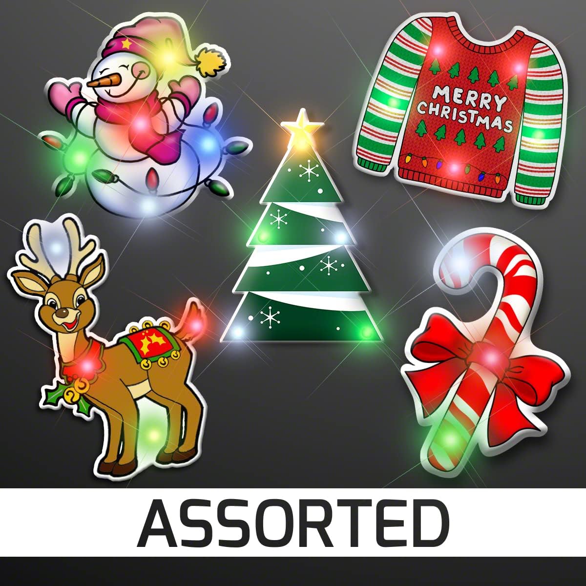 FlashingBlinkyLights Assorted Christmas Light Up LED Lapel Pins (Set of 25) Snowman, Sweater, Christmas Tree, Reindeer, Candy Cane
