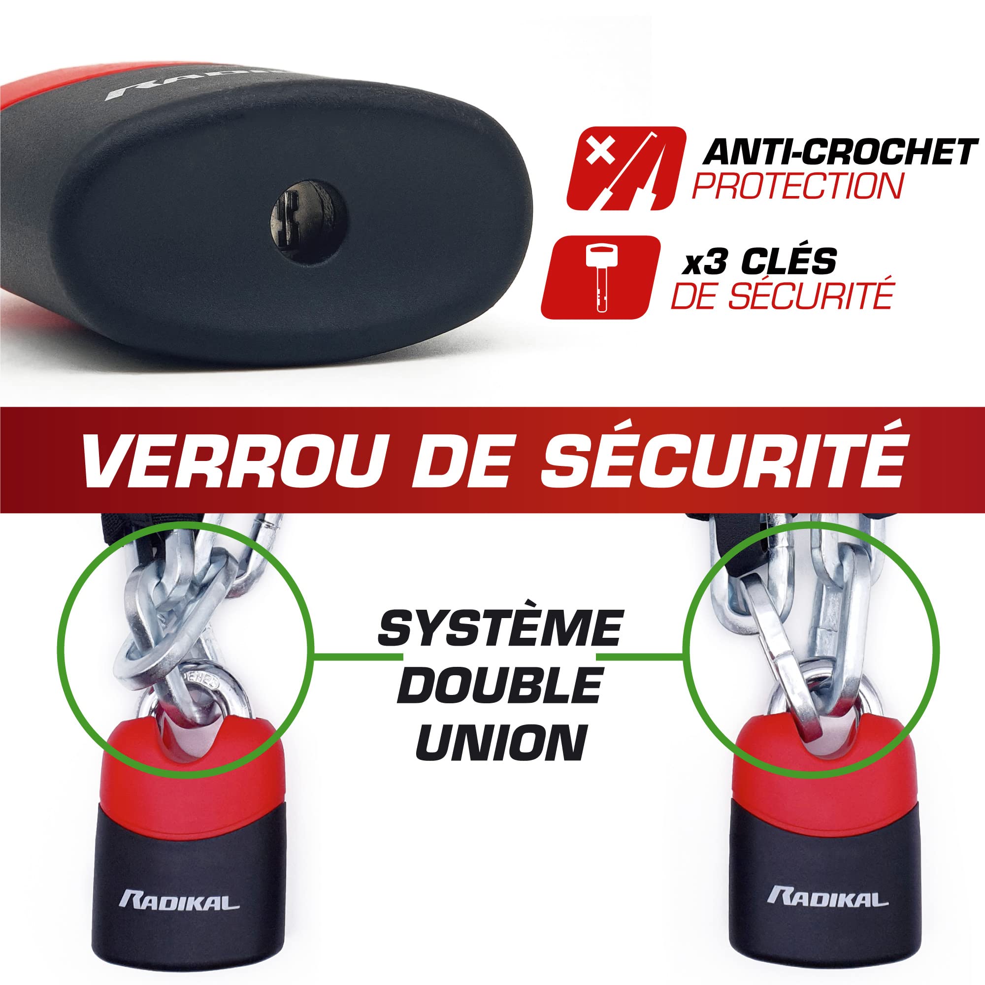 RADIKAL RK4170 Antivol Moto, Chaîne Haute Sécurité en Acier Cémenté ø10mm, Cademas Double Verroullage, Polyvalent pour Portes Ancrage Garage Scooter Vélo Électrique,170cm