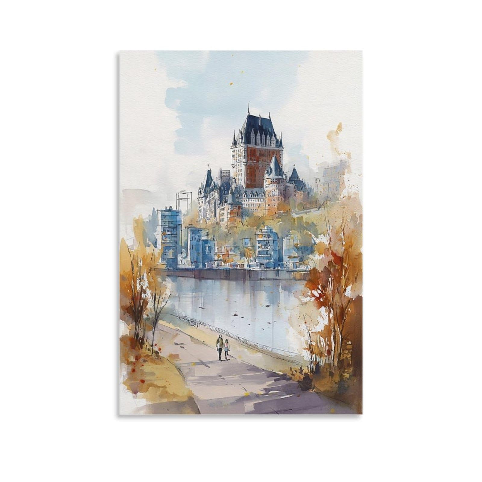 Cnaheiz Unframe-Style Quebec City Watercolor Painting_ Canada Travel Poster 24X36inch(60X90cm) Vintage Watercolor Canvas Art