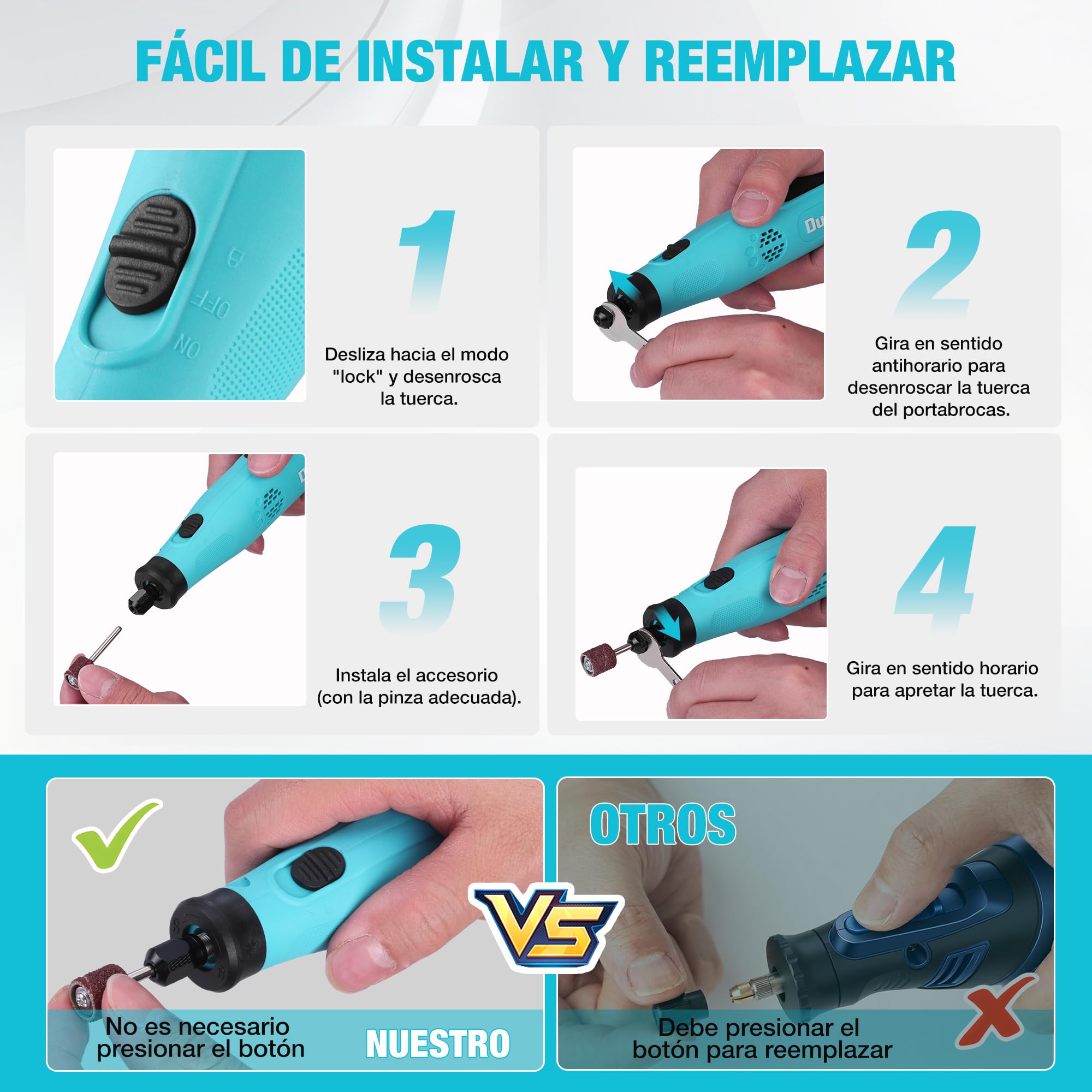 DURATECH Amoladora Inalámbrica de 3,6V, Multiherramienta Recargable de 25000RPM, Herramienta Rotativa con 135 Accesorios, 6 Velocidades Variables, para Cortar, Tallar, Grabar, Perforar