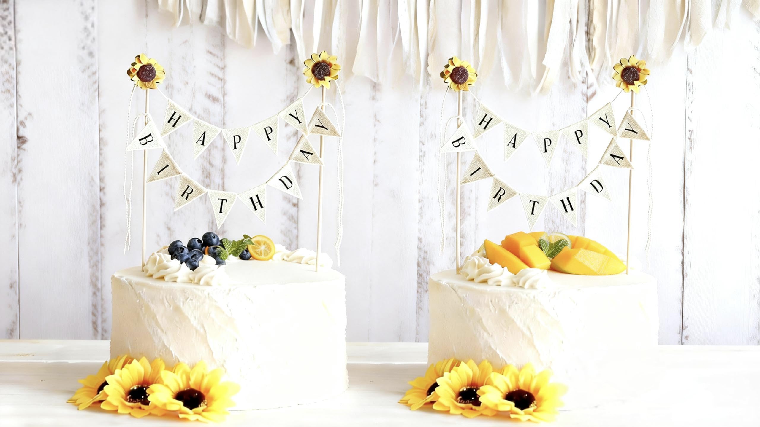 2pcs Happy Birthday Cake Topper, Resuable Gold Cake Decorations, Flag Banner with Bling Stars Pennants for Cake, Food-Grade Paper Cake Flags, Custom Cake Toppers Birthday Personalised (Sunflower)