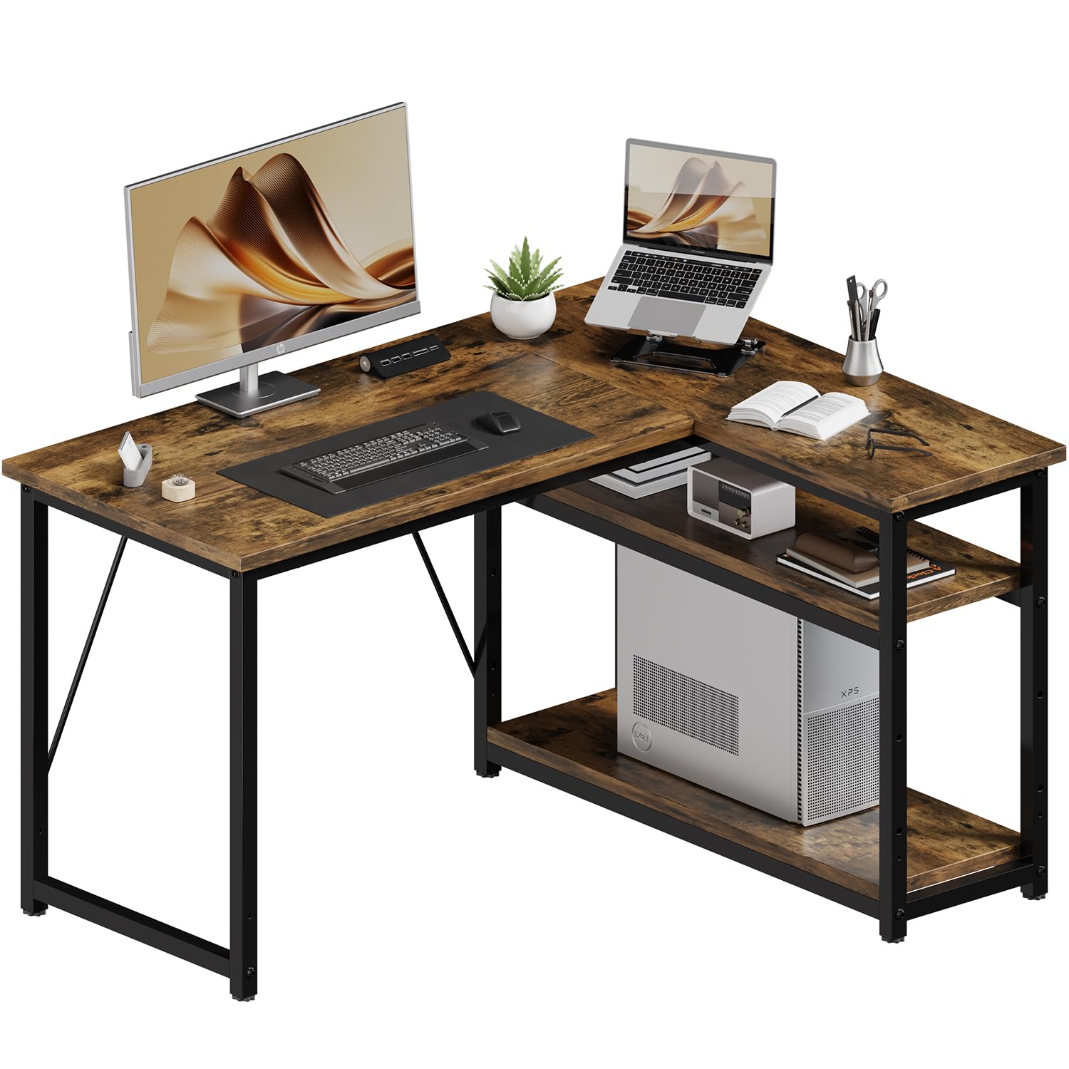 JUMMICO Small 100x80cm L-Shaped Corner Desk with Storage,Compact Corner Computer Desk for Home Office, Brown