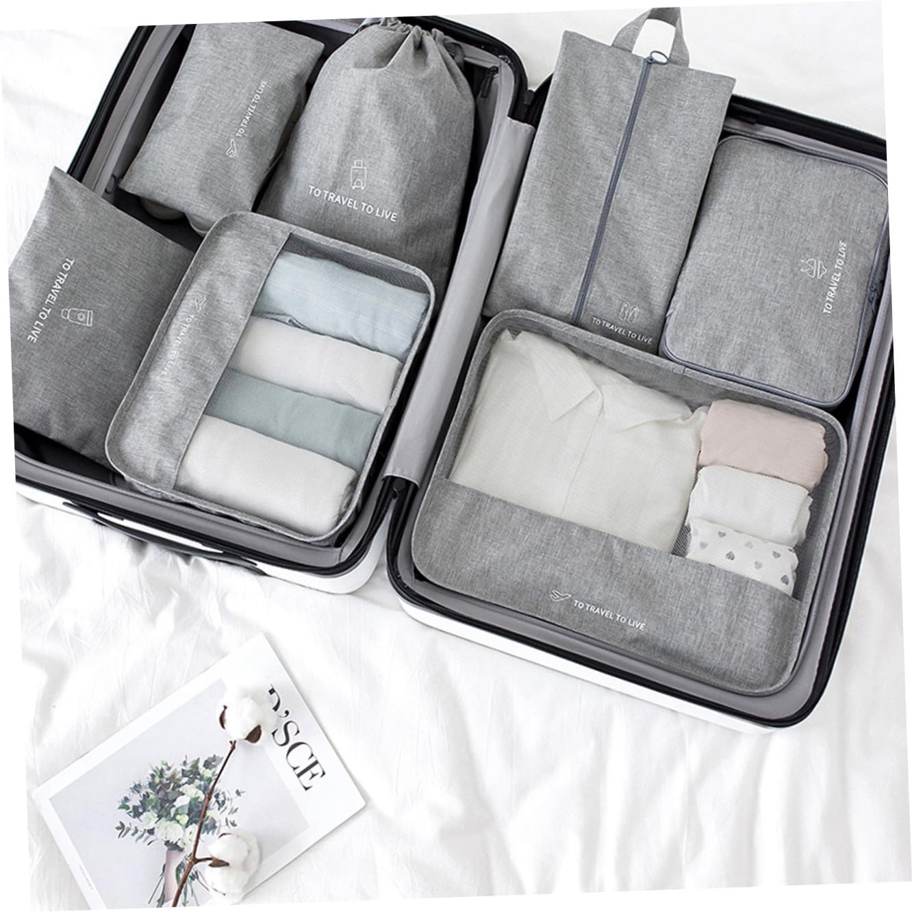 HEMOTON 7 pezzi Organizer da Viaggio in Tessuto con Zip Doppia Sacche Porta Abbigliamento e Intimo per Valigia per Business e Fine Settimana