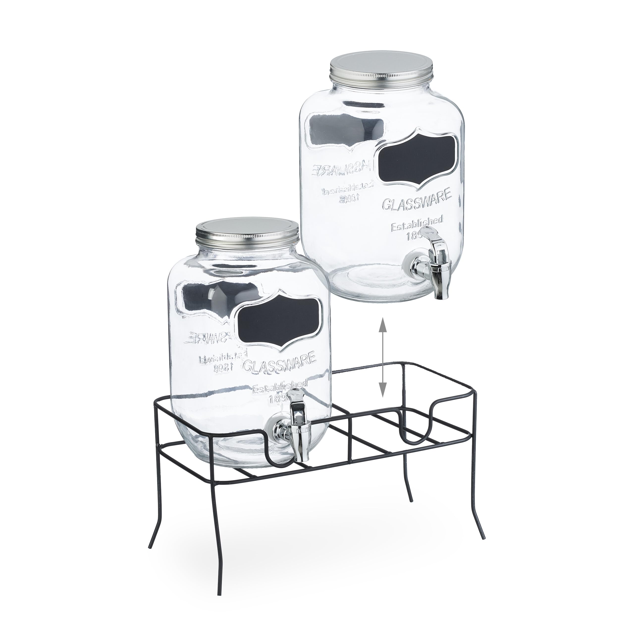 Relaxdays Set 2 Dispensadores Bebidas con Soporte, Recipiente Limonada 4L, Grifo y Tapa, Cristal, Surtidor, Transparente