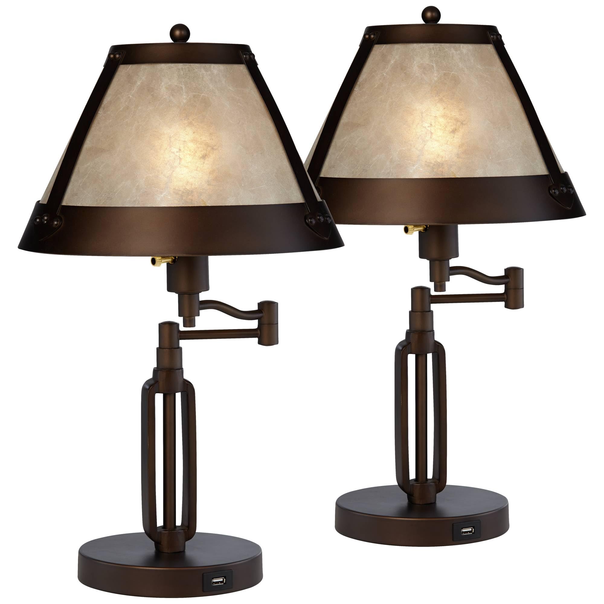 Samuel Rustic Industrial Desk Table Lamps with USB Charging Port 21 1/4" High Set of 2 Bronze Swing Arm Mica Shade for Bedroom Living Nightstand Bedside Office Kids Room House