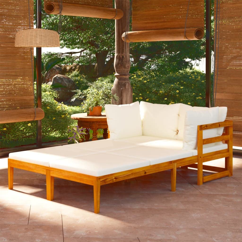 Leżaki z litego drewna akacjowego z kremową poduszką, 202 x 66 x 60 cm, zestaw mebli ogrodowych na taras, balkon, zestaw wypoczynkowy z regulowanym podłokietnikiem, 2 szt