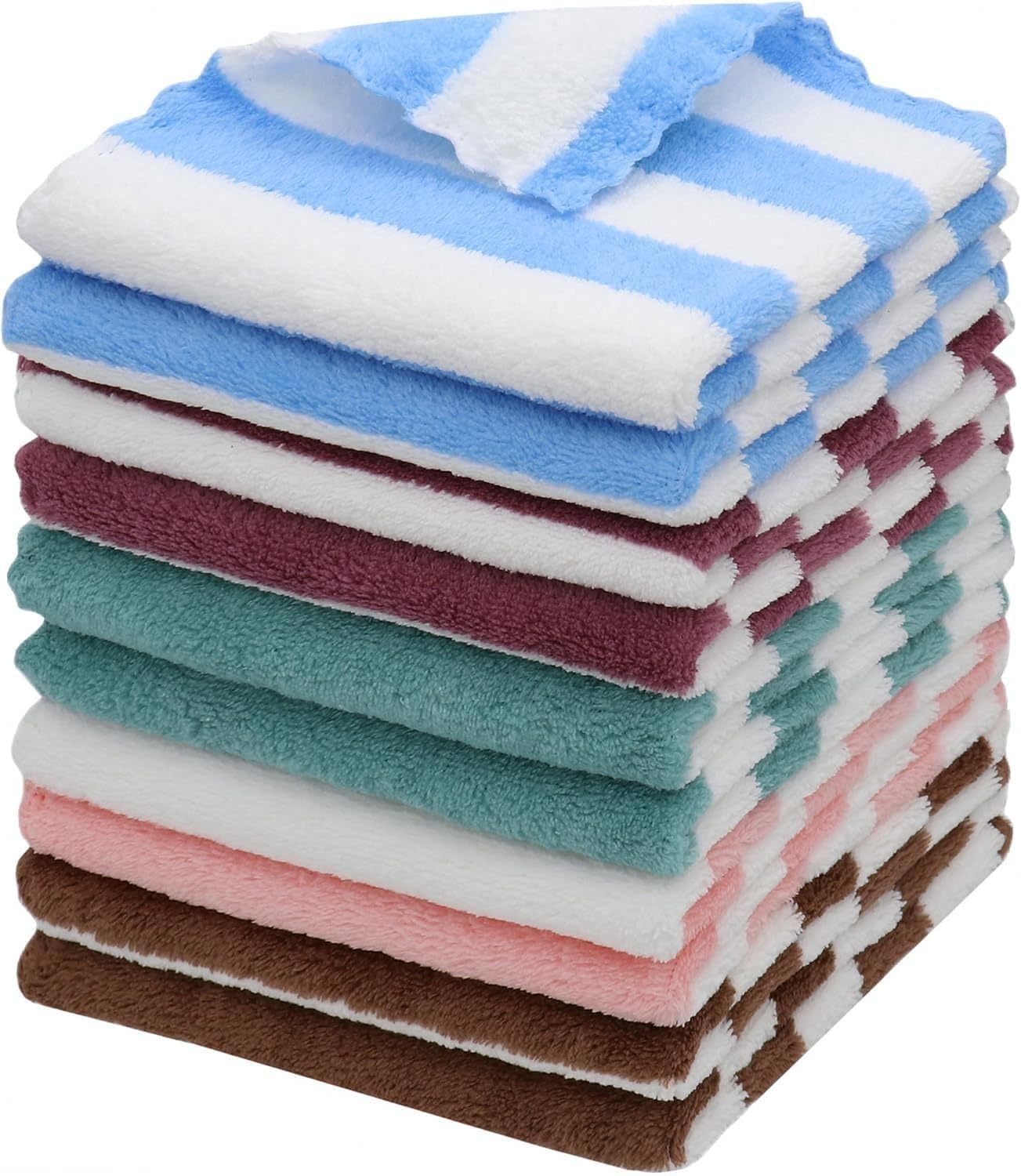 Striped Face Towels, Set of 12, Blue, White, Maroon, Teal, Pink, Brown(Microfiber Small Size Face Towel/Handkerchief/Napkin for Women/Kids/Newborn)-image-1