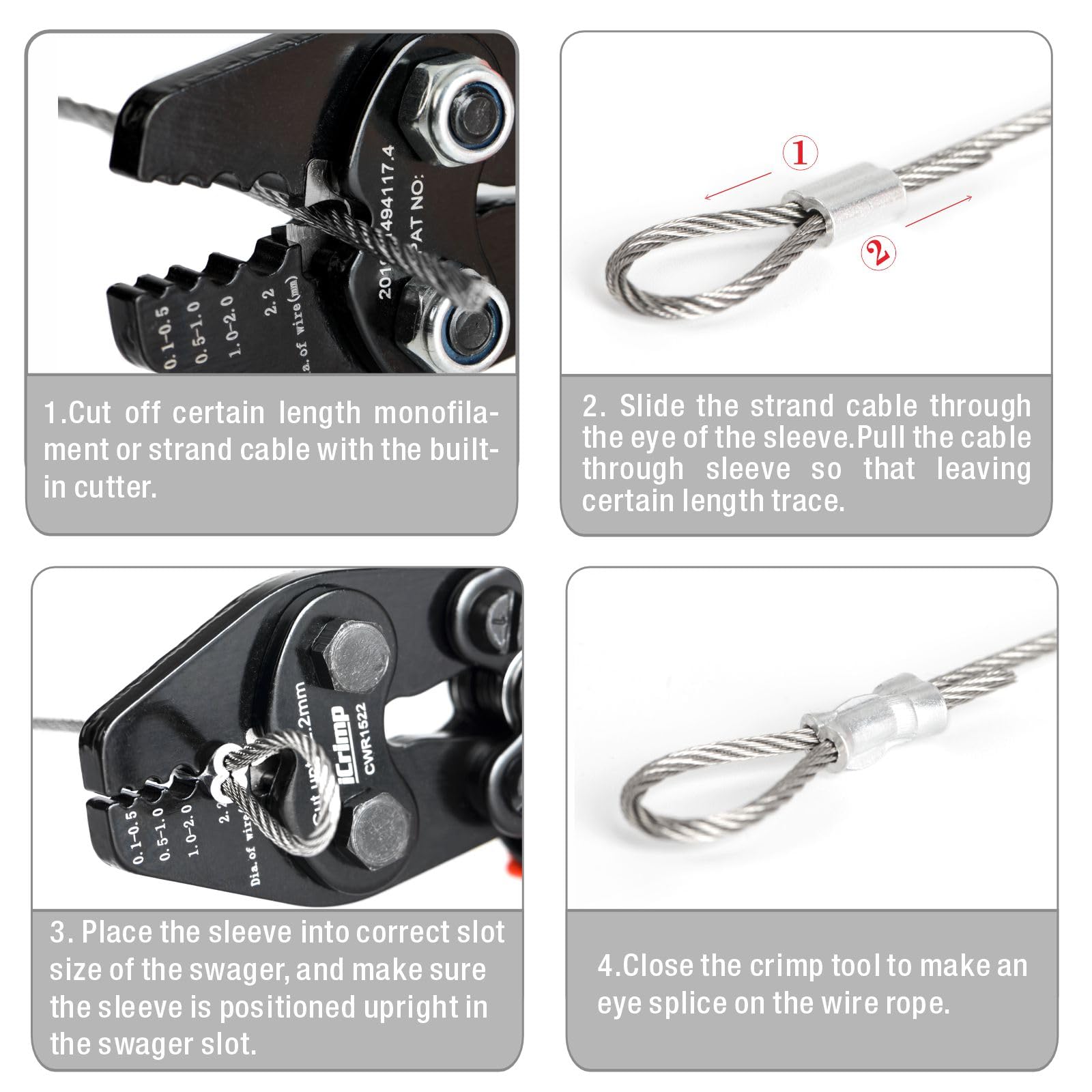 iCrimp CWR1522 Juego de crimpadora de cable 0,1-2,2 mm con función de corte y 250 manguitos de aluminio