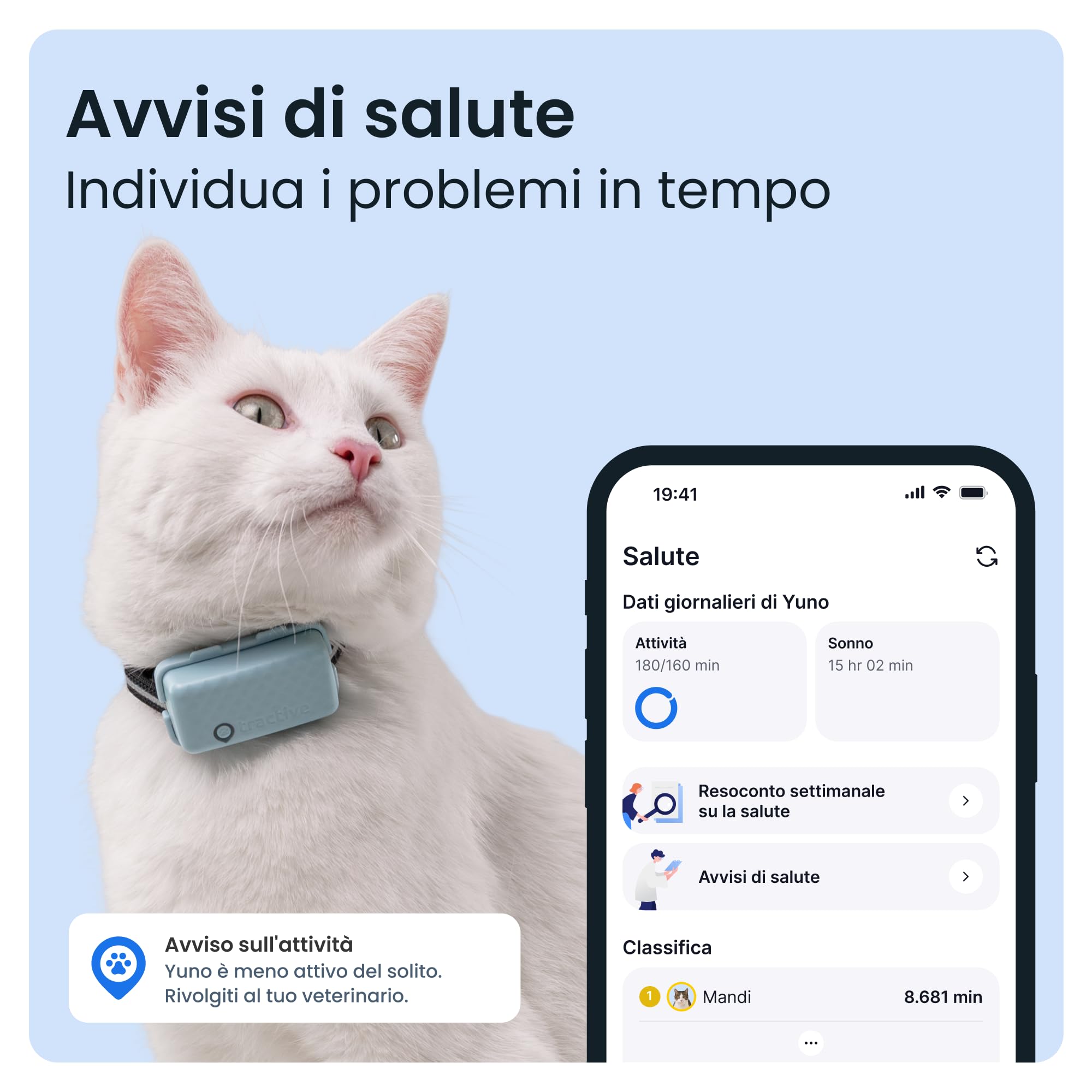 Tractive - GPS gatto modello Mini | N. 1 sul mercato | Localizzazione in tempo reale | Cronologia delle posizioni | Monitoraggio dell'attività | Collare incluso