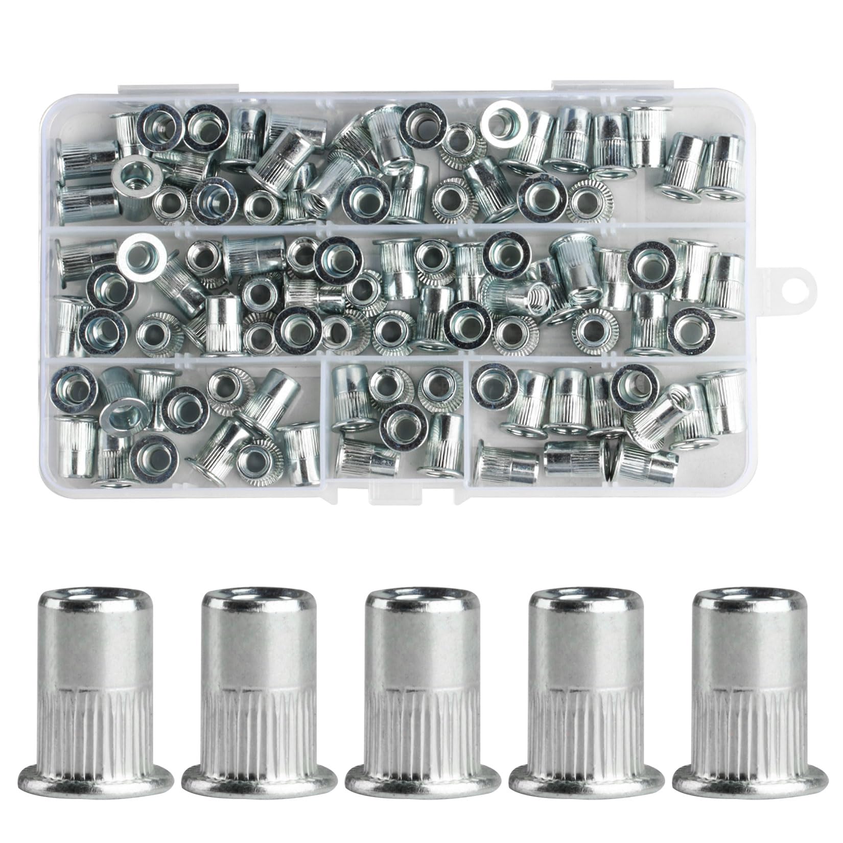 120 Pezzi Rivetti Filettati, M6 Inserti Filettati Dado, Kit di Dadi per Rivetti Ciechi a Testa Piatta in Metalliche, Manicotti Filettato per Legno Tubi di Piastre Metalliche