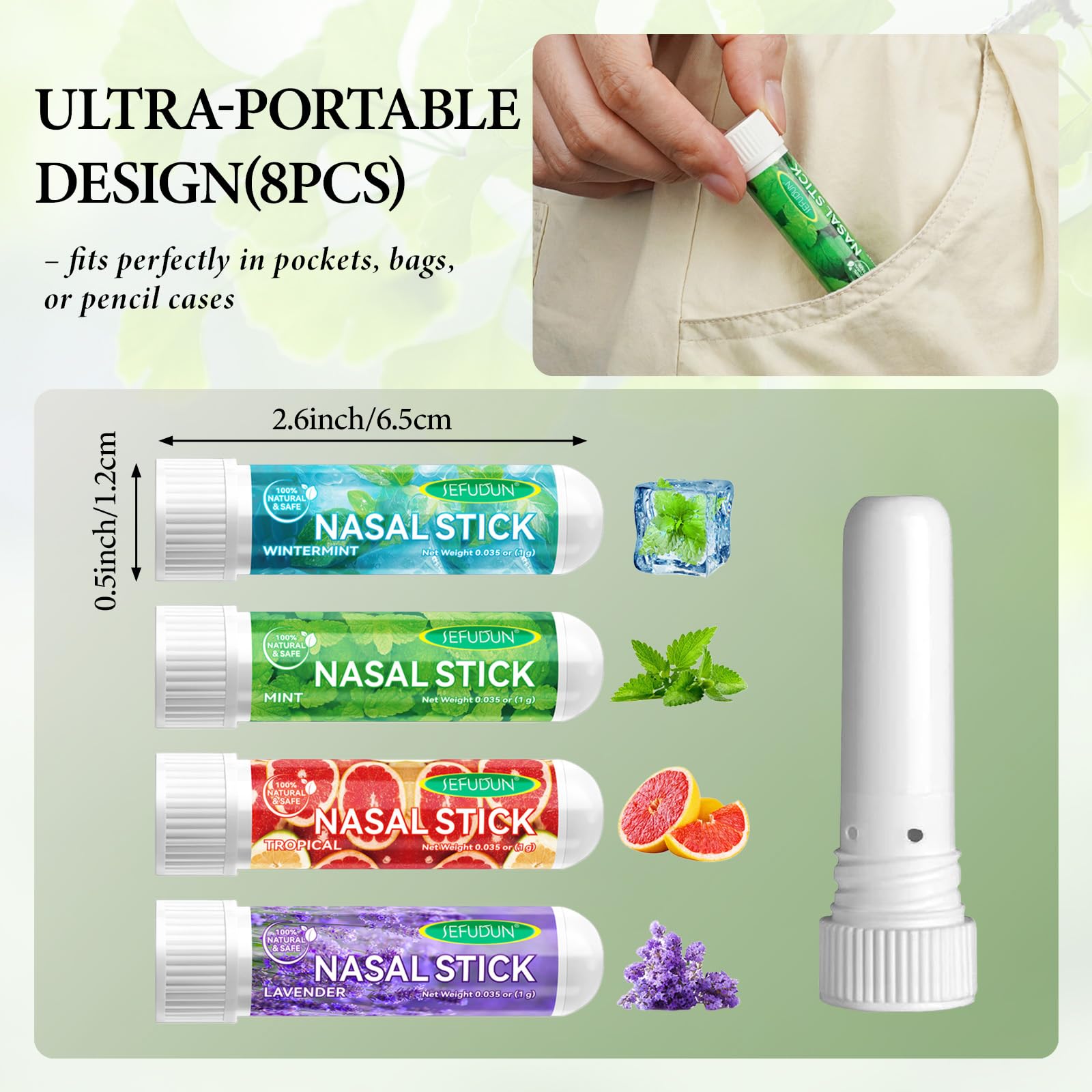 Nasal Stick 8 Pack, Inalatore Nasale, Rapido Sollievo dal Naso Chiuso, Bastoncini Profumati agli oli Essenziali, Migliora la Respirazione e la Concentrazione