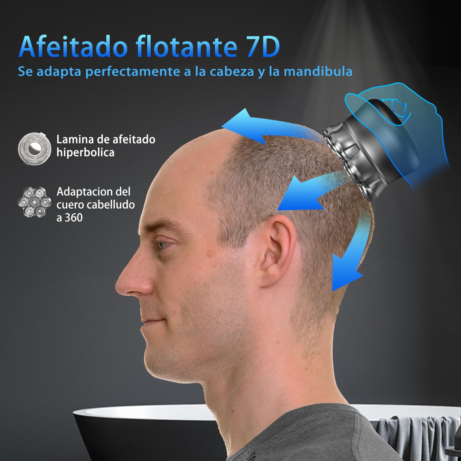 Afeitadora cabeza hombre, Maquina afeitar cabeza 7D para hombre magnético, Recargable portátil, Impermeable, para uso en seco y húmedo, Con Pantalla LED Bloqueo de Viaje (4in)