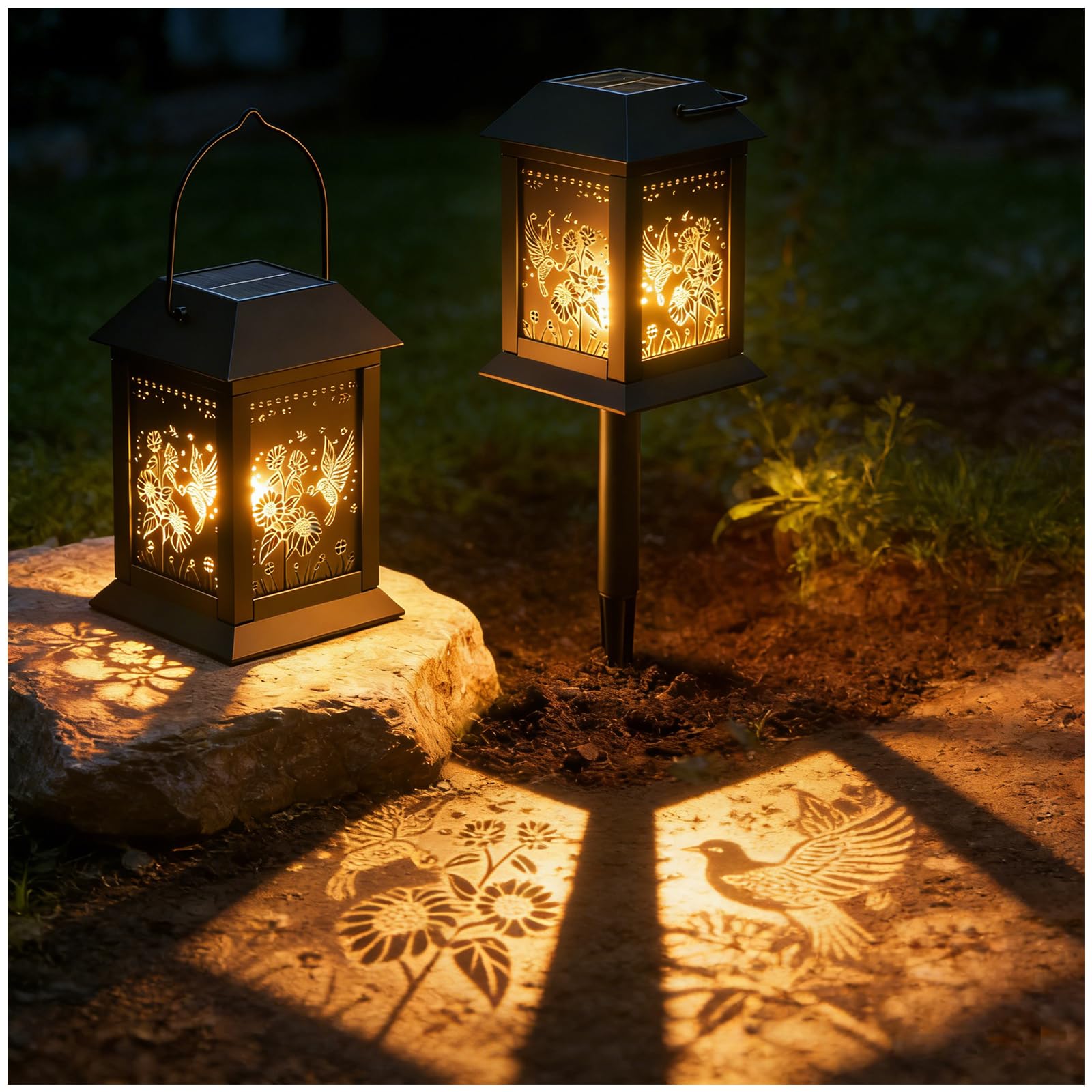 Delousiber Solar Lanterns Outdoor Garden, 2 Pack Hanging Solar Lights, Waterproof Hollow Metal LED Solar Powered Pathway Lights for Outside, Yard, Patio, Landscape, Garden Decor Gifts for Woman Mum