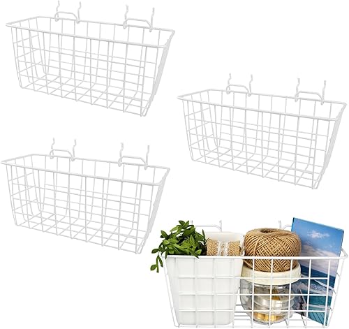G.CORE Paquete de 4 cestas de tablero de clavijas blancas, ganchos de estantes de metal para tableros de clavijas de 18 pulgadas y 14 pulgadas,