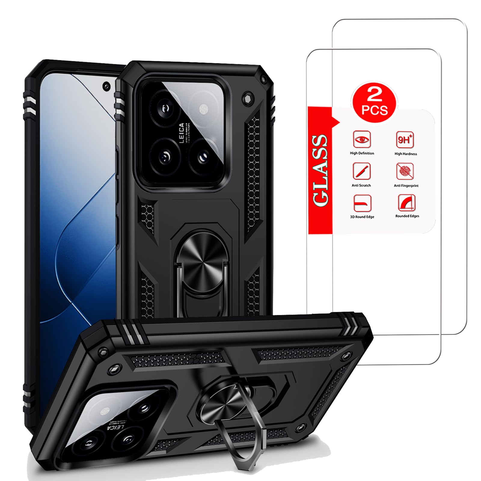 for Xiaomi 14 Case with [2 Pack] Tempered Glass Screen Protector, for Xiaomi Mi 14 Case Heavy Duty Armor [Military-Grade] Protective，with Magnetic Ring Stand Phone Cover Black