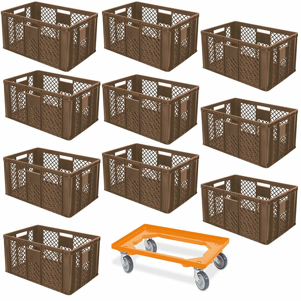 Juego de 10 recipientes apilables con ruedas de transporte, 600 x 400 x 320 mm, calidad industrial, aptos para alimentos, color marrón